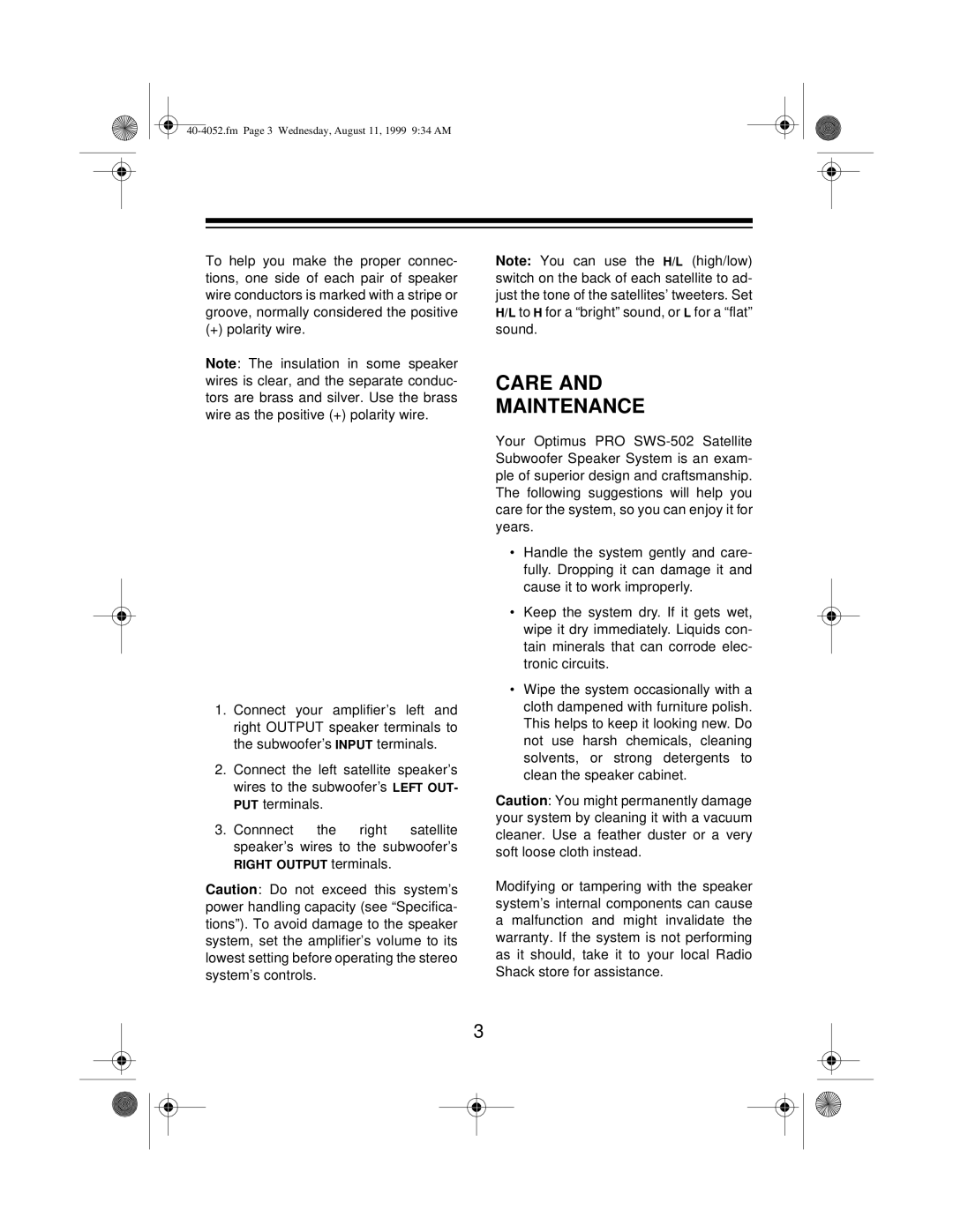 Optimus PRO SWS-502 manual Care Maintenance 