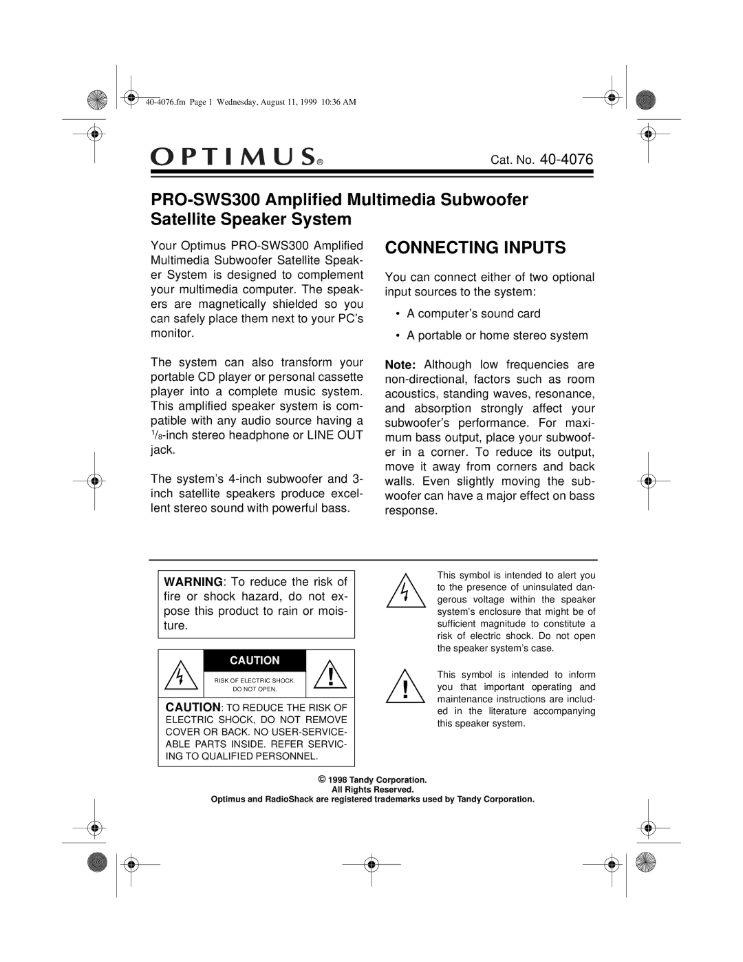 Optimus PRO-SWS300 user service Connecting Inputs 