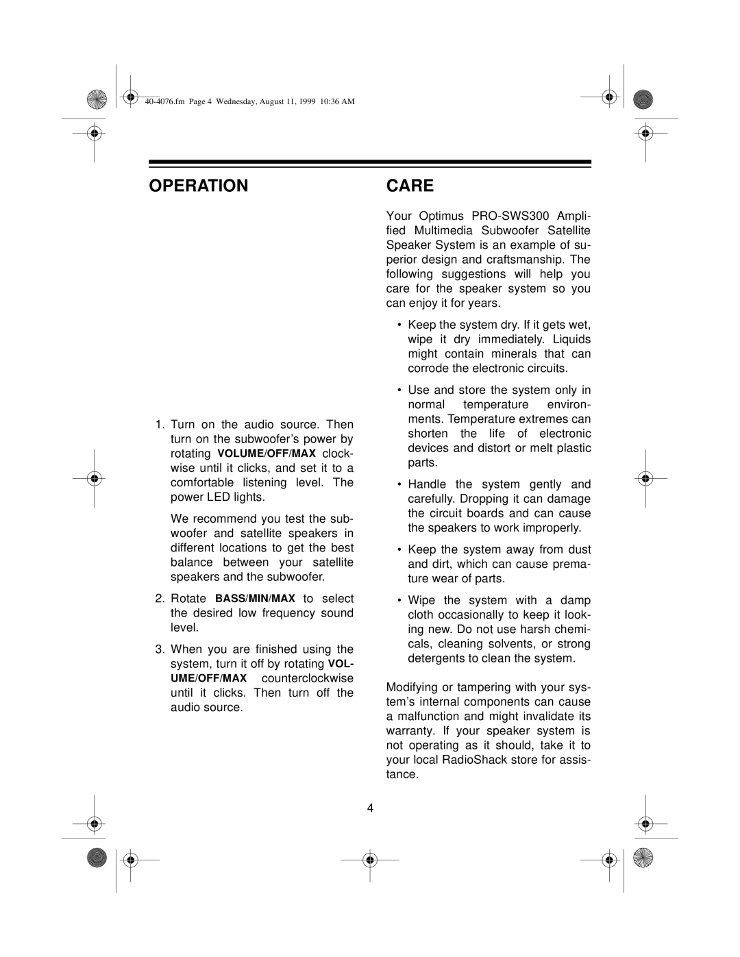 Optimus PRO-SWS300 user service Operation, Care 