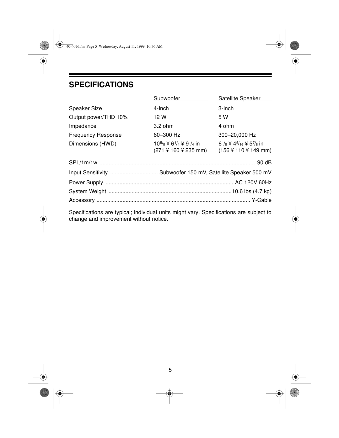 Optimus PRO-SWS300 user service Specifications 