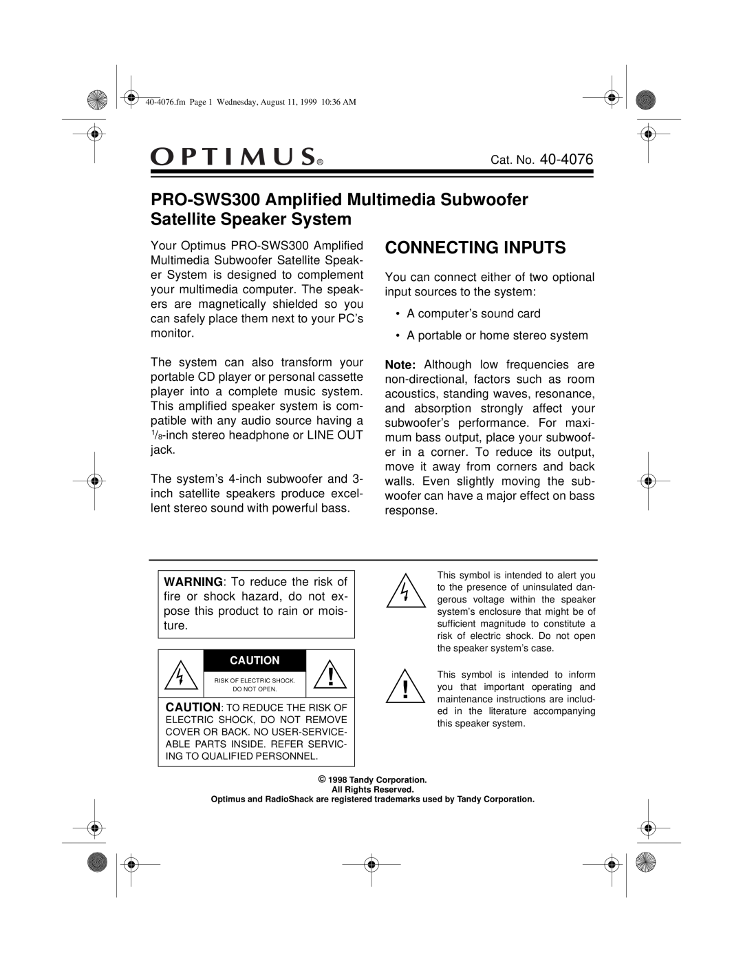 Optimus PRO-SWS300 user service Connecting Inputs 