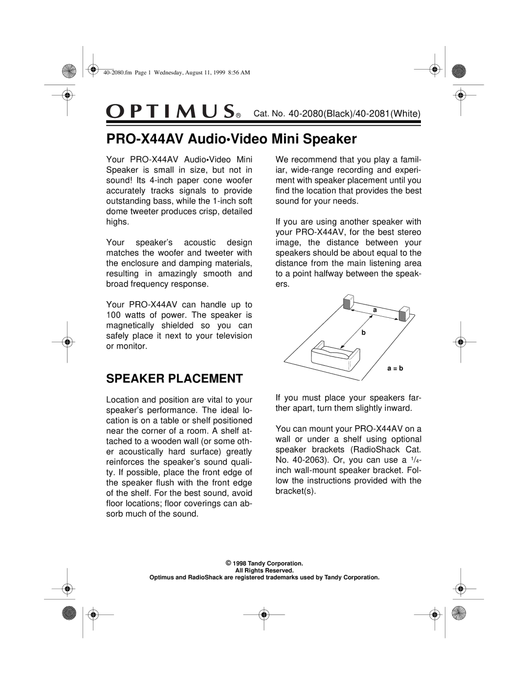 Optimus manual PRO-X44AV AudioVideo Mini Speaker, Speaker Placement 