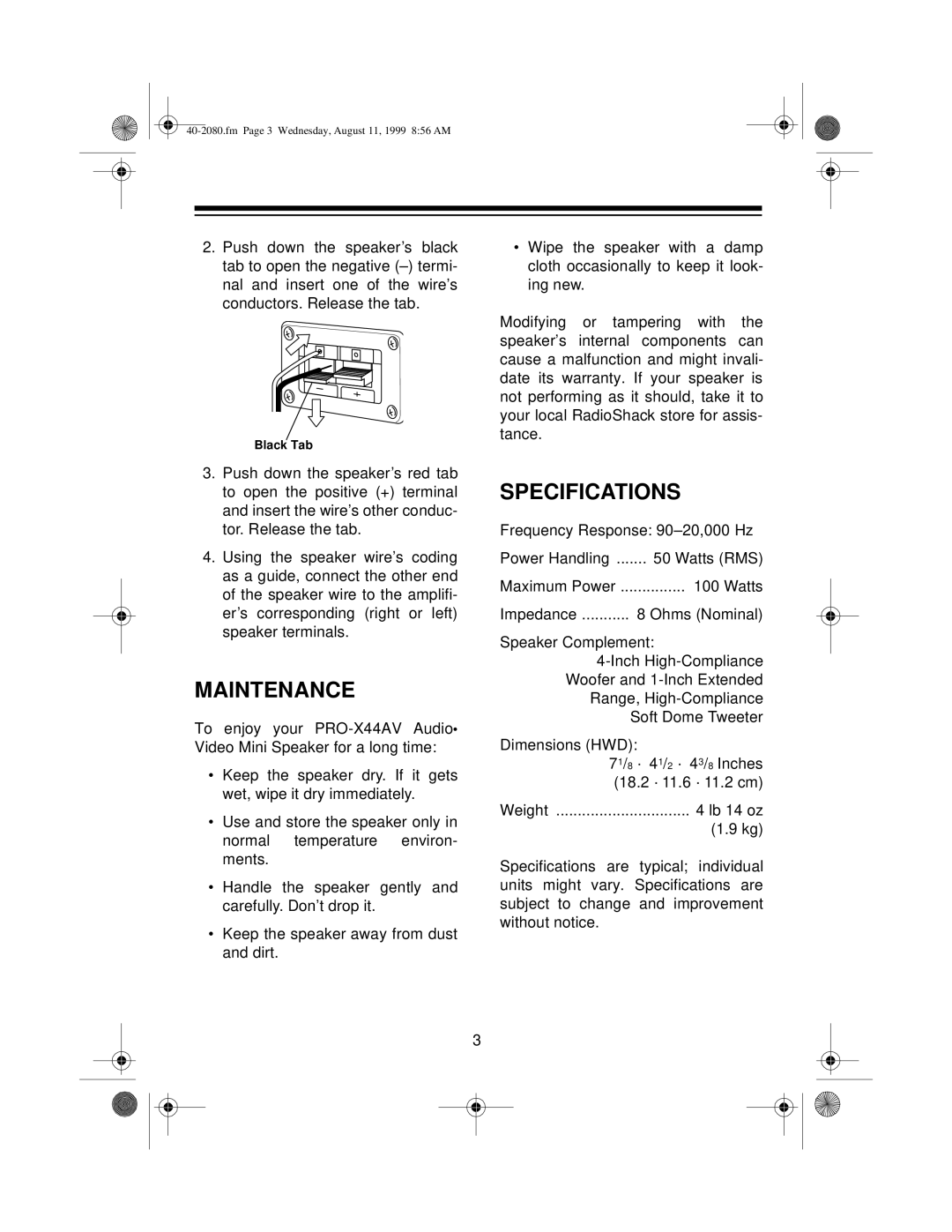 Optimus PRO-X44AV manual Maintenance, Specifications 