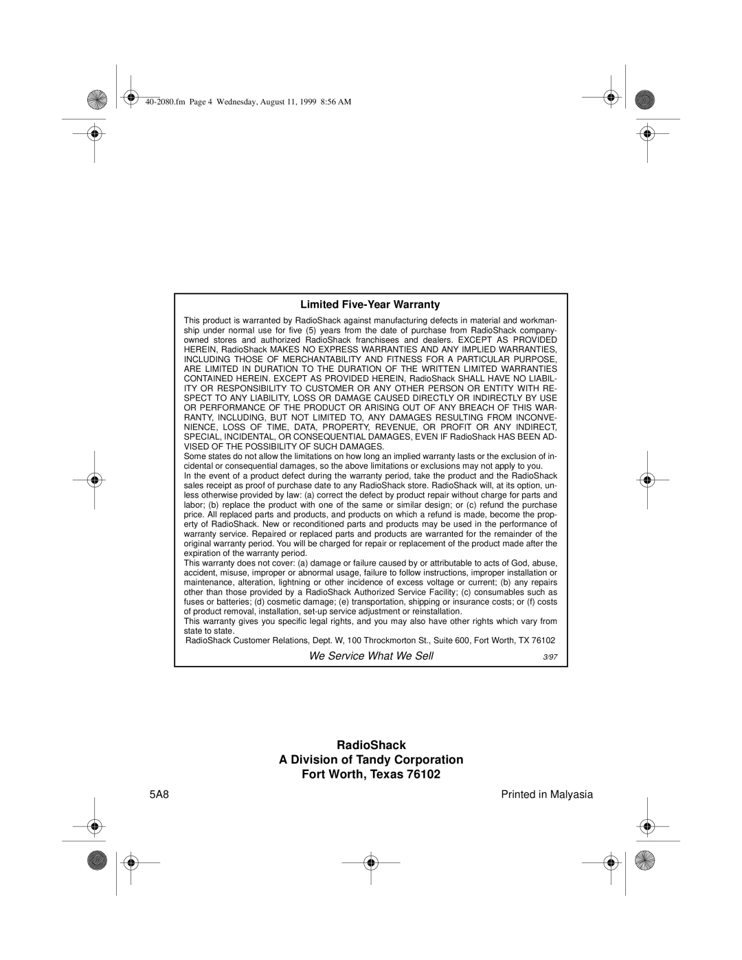 Optimus PRO-X44AV manual RadioShack Division of Tandy Corporation Fort Worth, Texas 