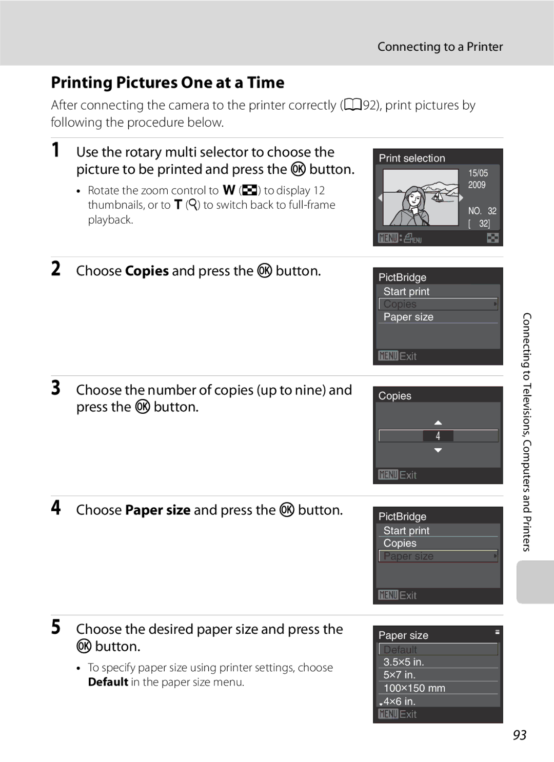 Optimus COOLPIXS630BK user manual Printing Pictures One at a Time, Choose the desired paper size and press the kbutton 