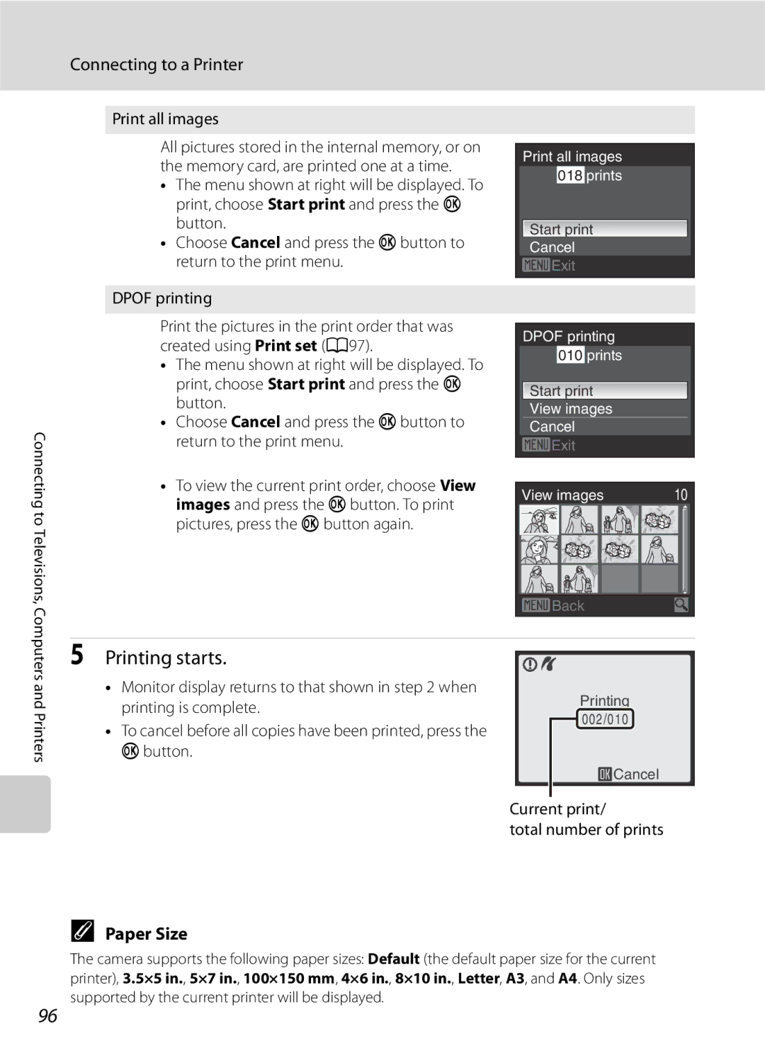 Optimus S630 Paper Size, Print all images, Connecting to Televisions, Supported by the current printer will be displayed 