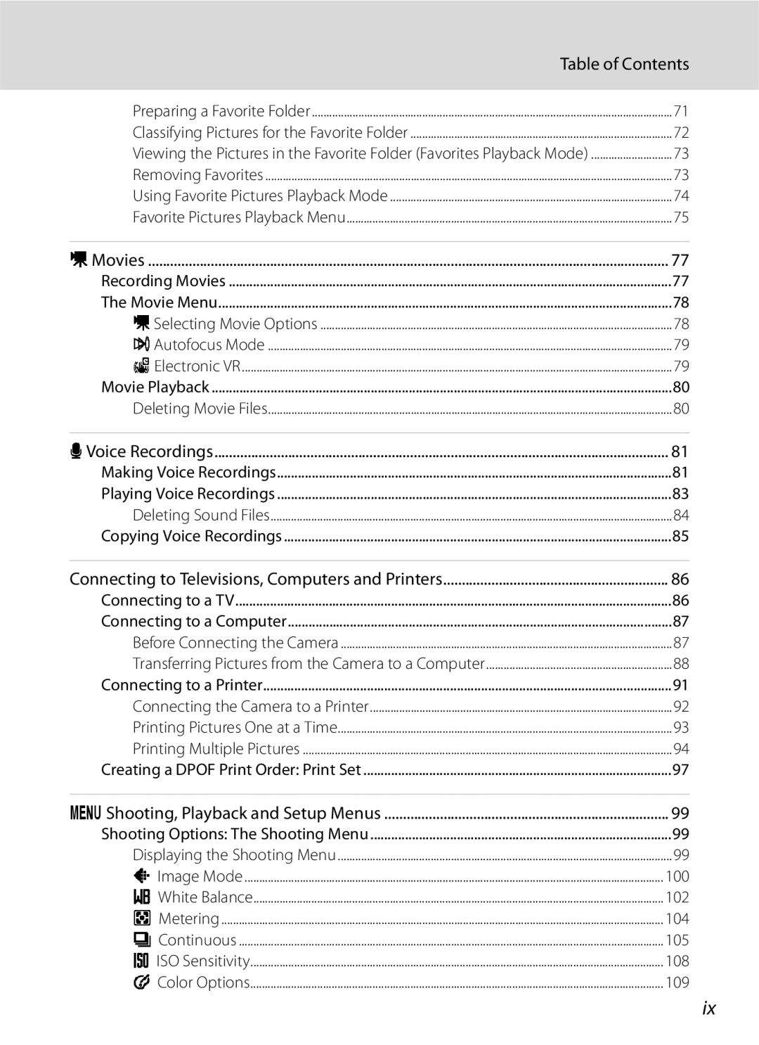 Optimus COOLPIXS630RED, COOLPIXS630BK user manual Table of Contents, 100, 102, 104, 105, 108, 109 