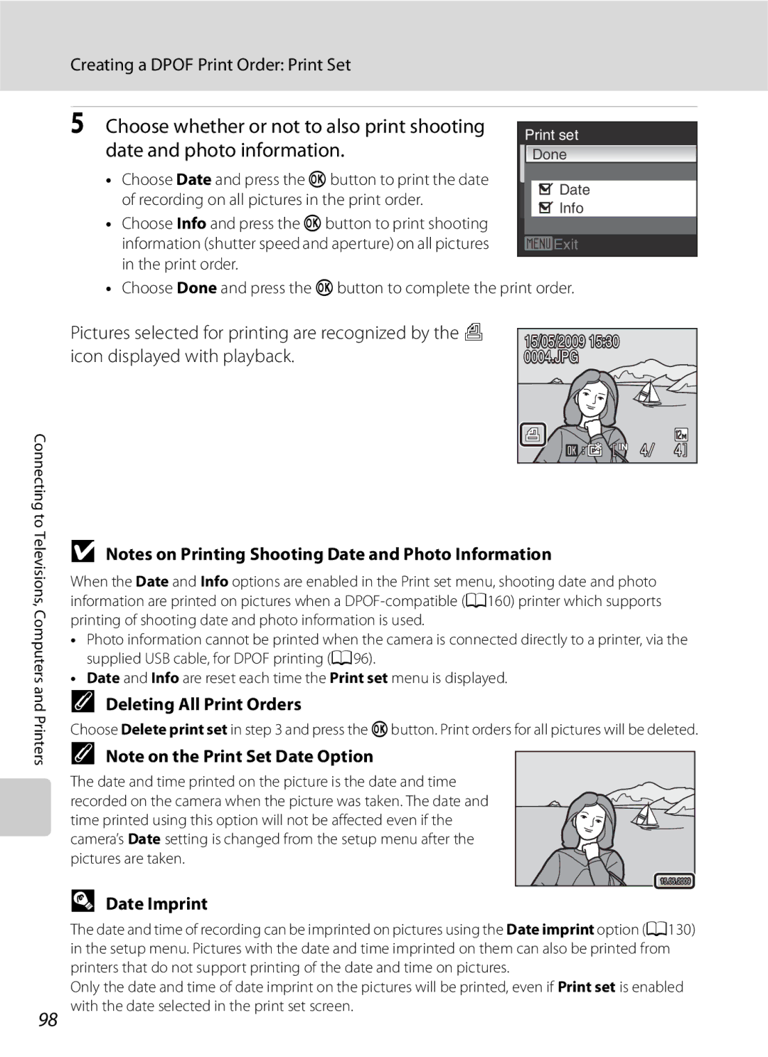 Optimus COOLPIXS630RED Choose whether or not to also print shooting, Date and photo information, Deleting All Print Orders 