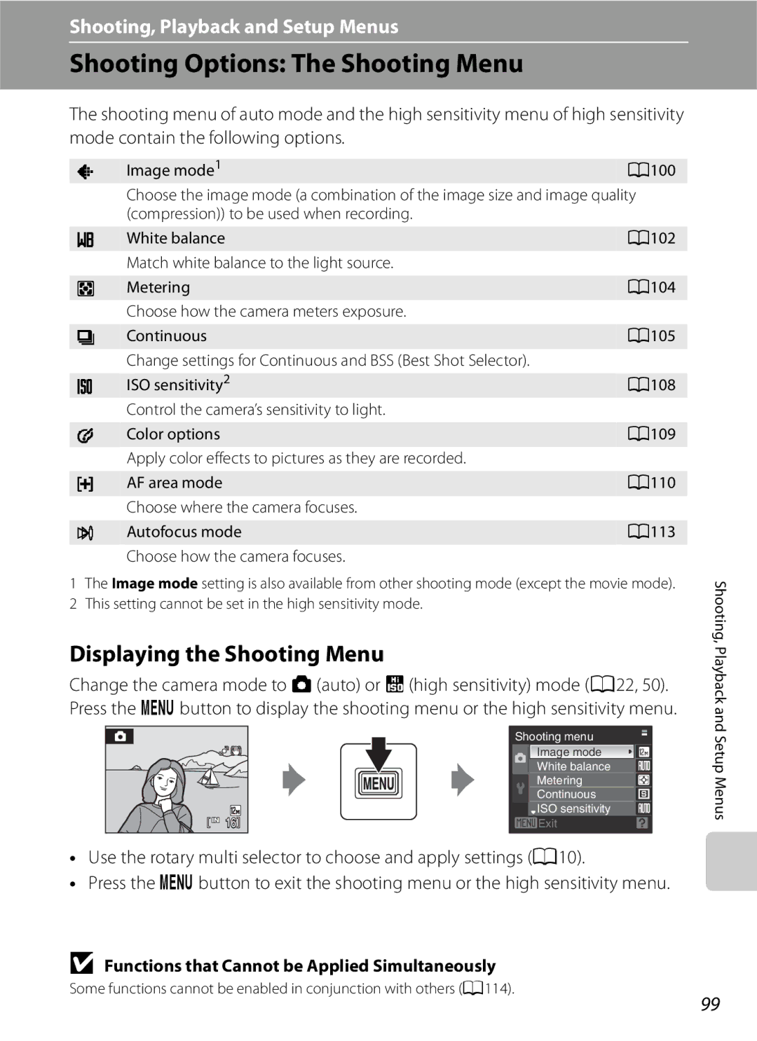 Optimus COOLPIXS630BK user manual Shooting Options The Shooting Menu, Displaying the Shooting Menu, Image mode1 A100 