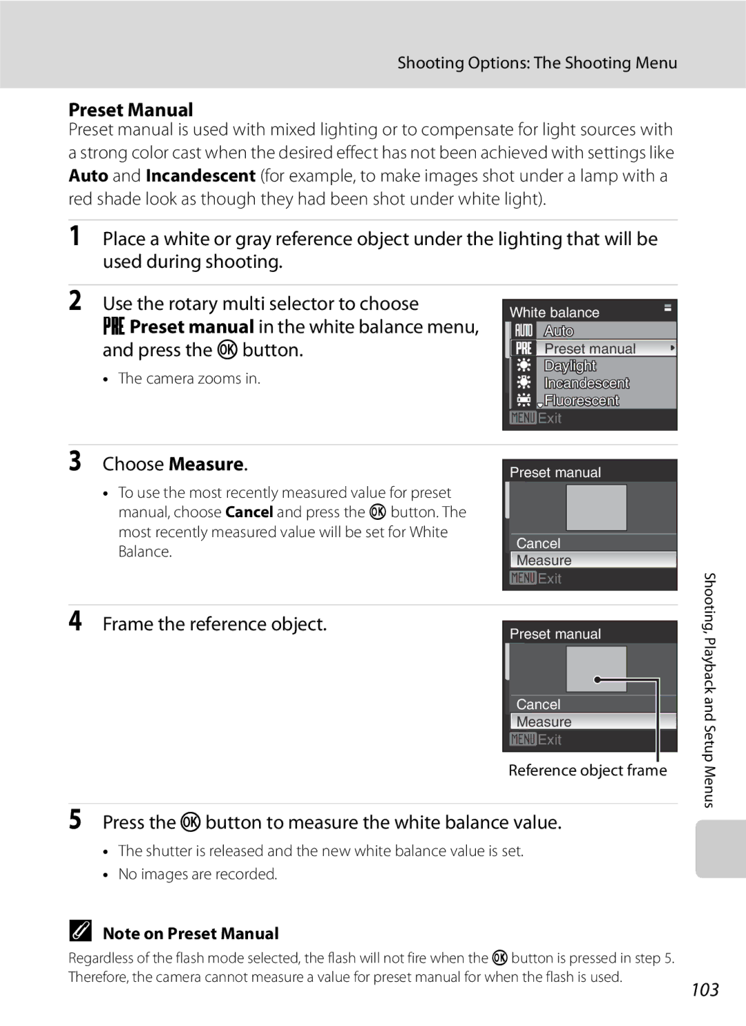 Optimus COOLPIXS630BK user manual Preset Manual, Choose Measure, Press the kbutton to measure the white balance value, 103 