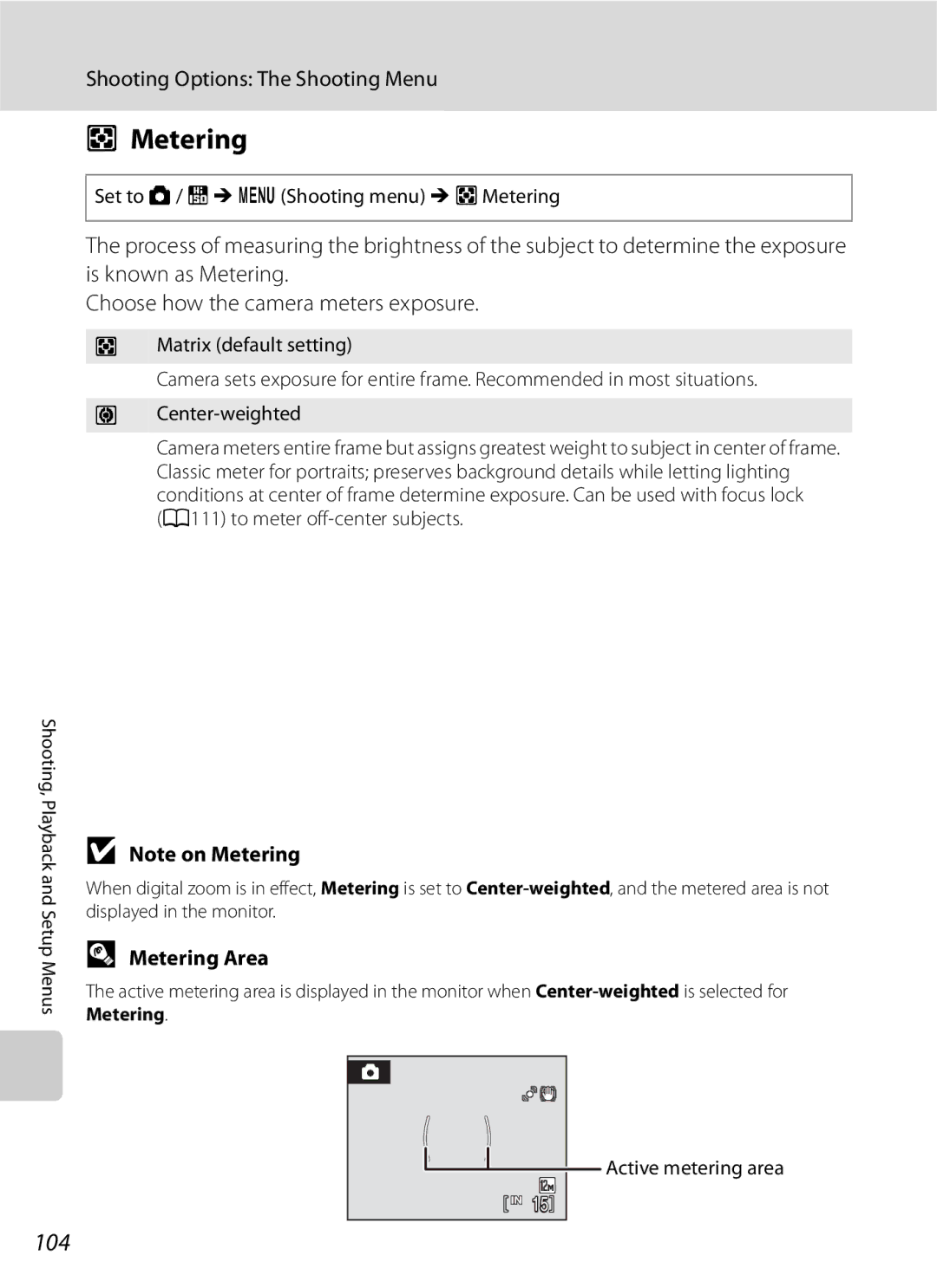 Optimus COOLPIXS630RED user manual 104, Metering Area, Set to a / B M d Shooting menu M GMetering, Active metering area 