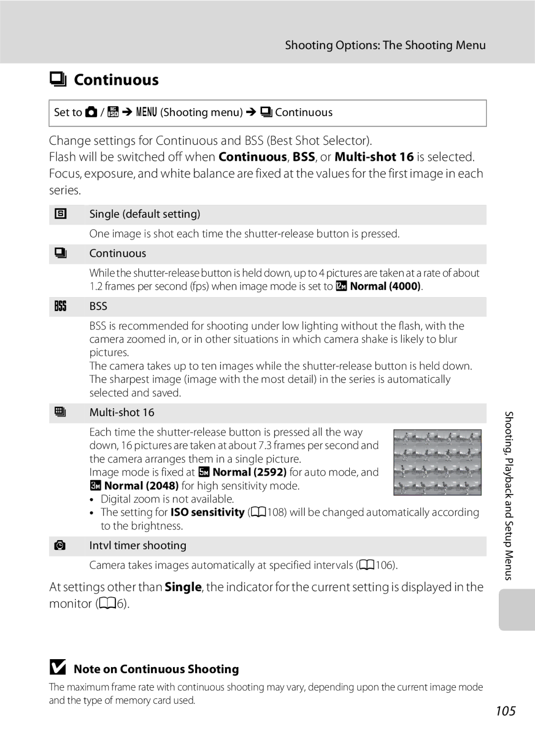 Optimus COOLPIXS630BK, COOLPIXS630RED user manual 105, Set to a / B M d Shooting menu M C Continuous 