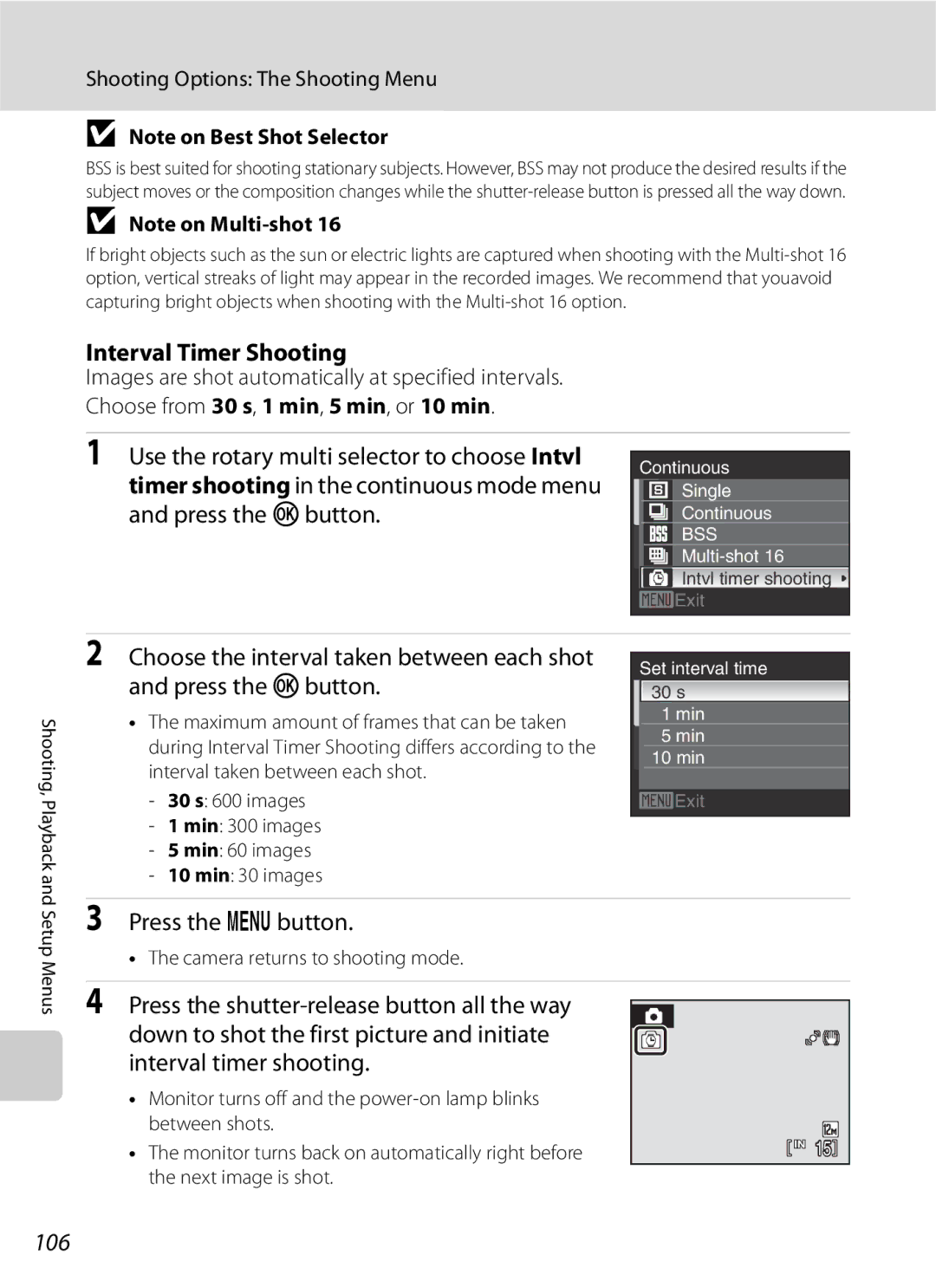 Optimus COOLPIXS630BK user manual Interval Timer Shooting, 106, 30 s 600 images Min 300 images Min 60 images Min 30 images 