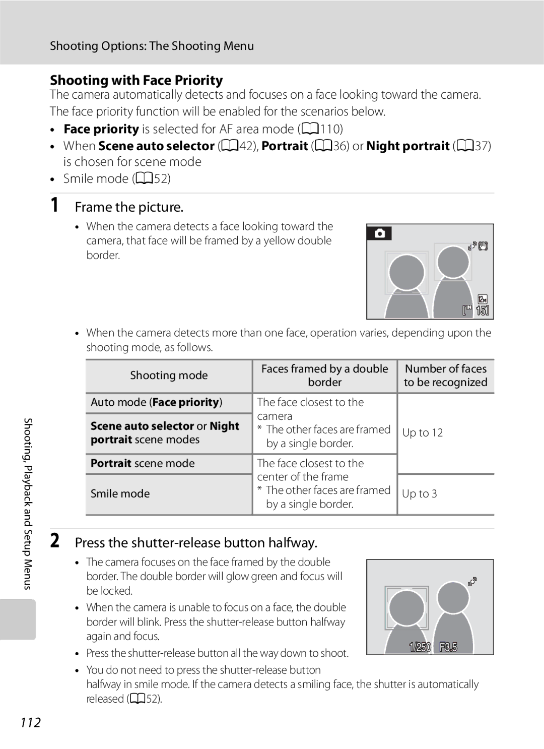 Optimus COOLPIXS630BK Shooting with Face Priority, 112, Face priority is selected for AF area mode A110, Smile mode A52 