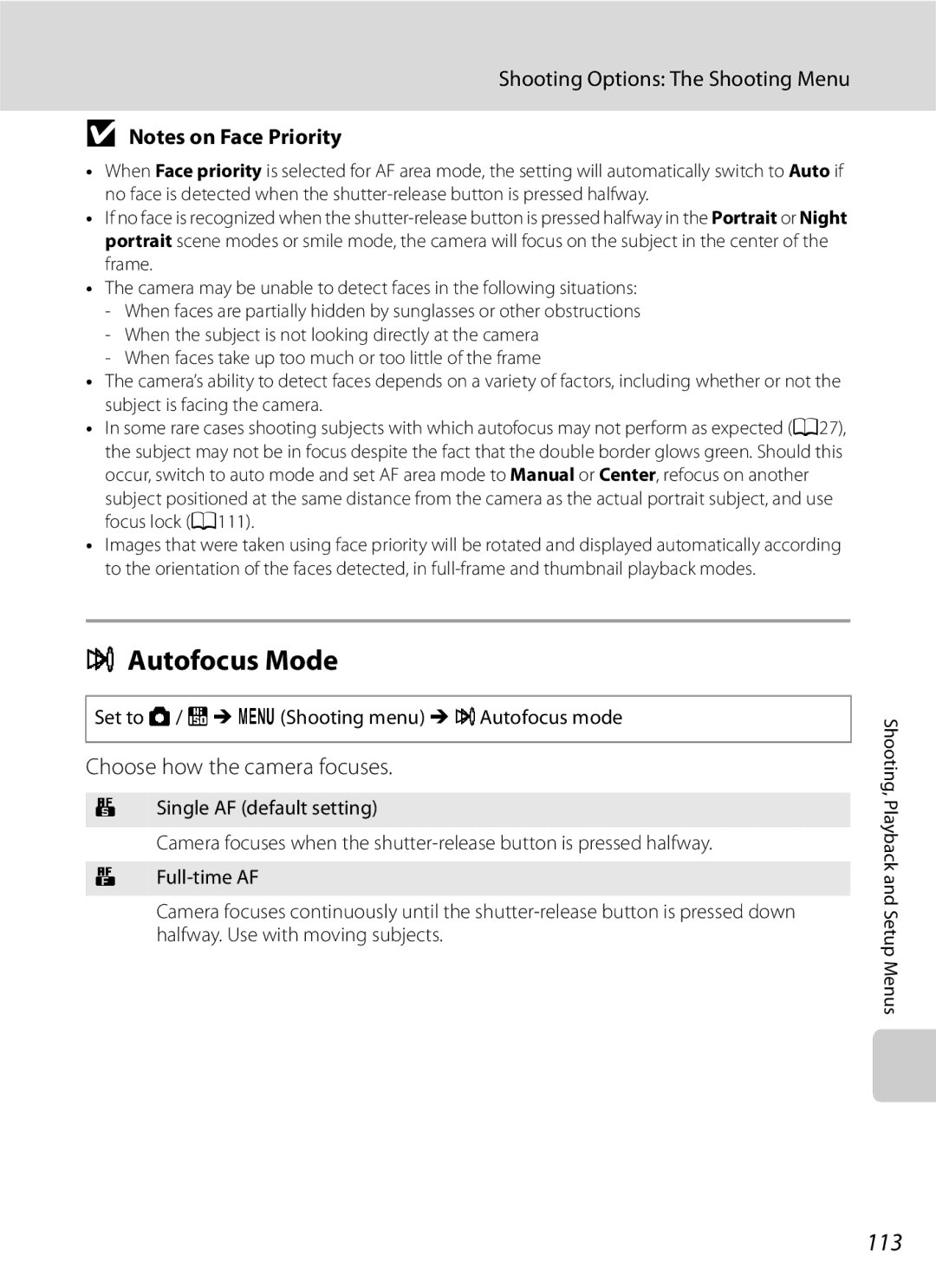 Optimus COOLPIXS630RED, COOLPIXS630BK user manual Autofocus Mode, 113, Choose how the camera focuses 