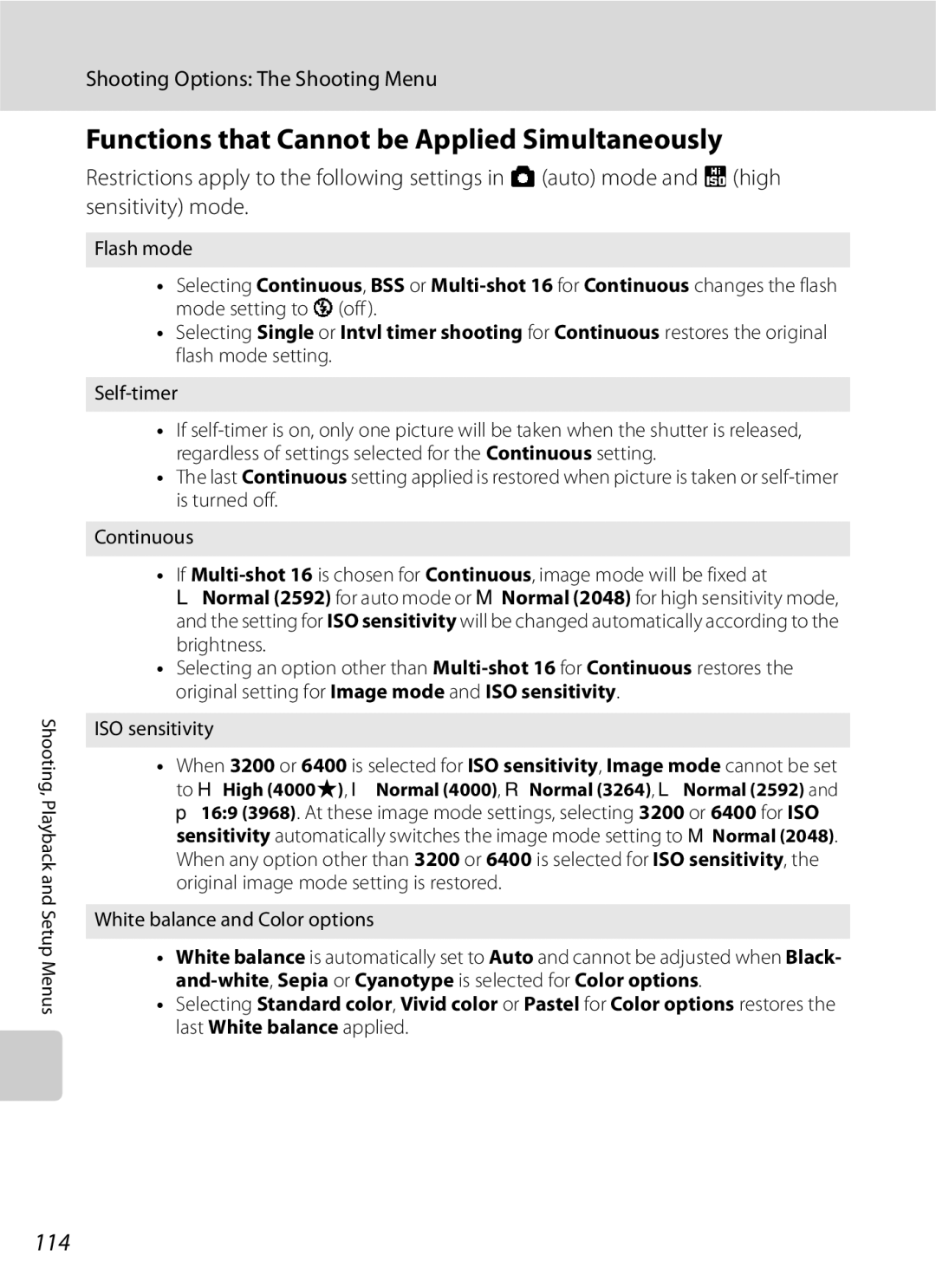 Optimus S630 Functions that Cannot be Applied Simultaneously, 114, Flash mode, Self-timer, White balance and Color options 