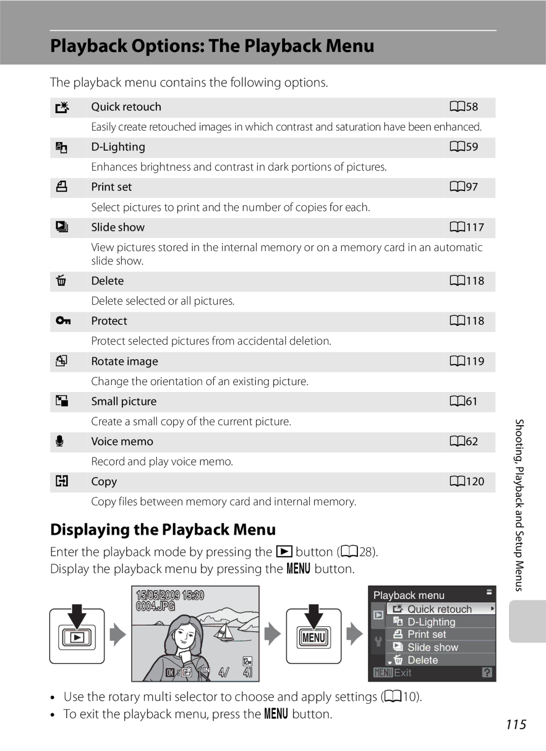 Optimus COOLPIXS630BK, COOLPIXS630RED user manual Playback Options The Playback Menu, Displaying the Playback Menu, 115 