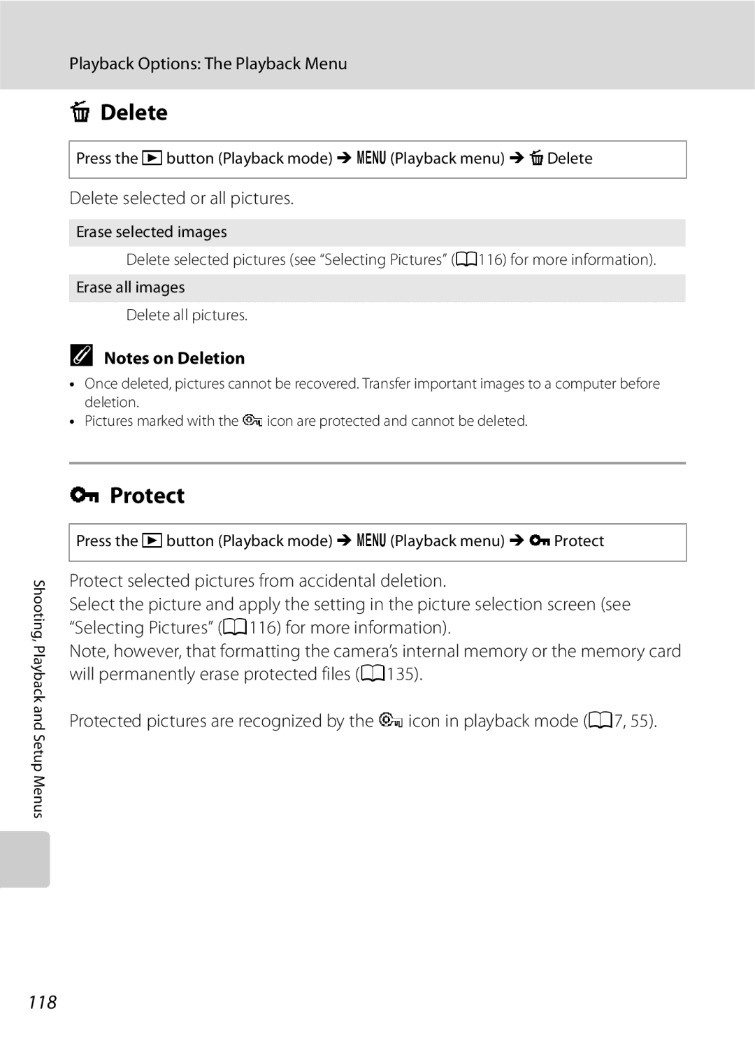 Optimus COOLPIXS630BK, COOLPIXS630RED user manual Protect, 118, Delete selected or all pictures 