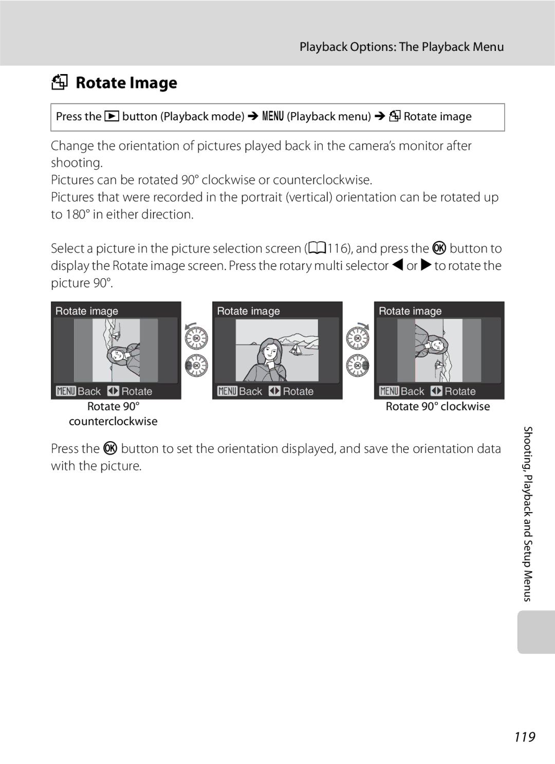 Optimus COOLPIXS630RED, COOLPIXS630BK user manual Rotate Image, 119, Rotate Counterclockwise, Rotate 90 clockwise 