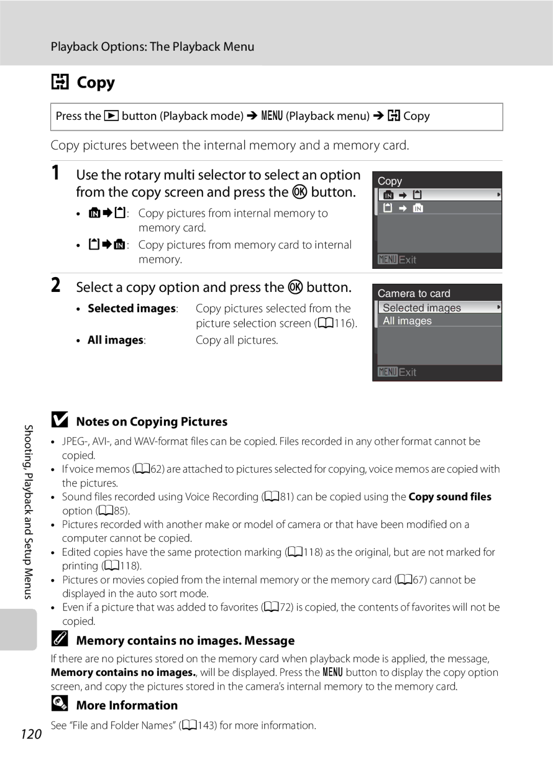 Optimus S630 Select a copy option and press the kbutton, Copy pictures between the internal memory and a memory card 