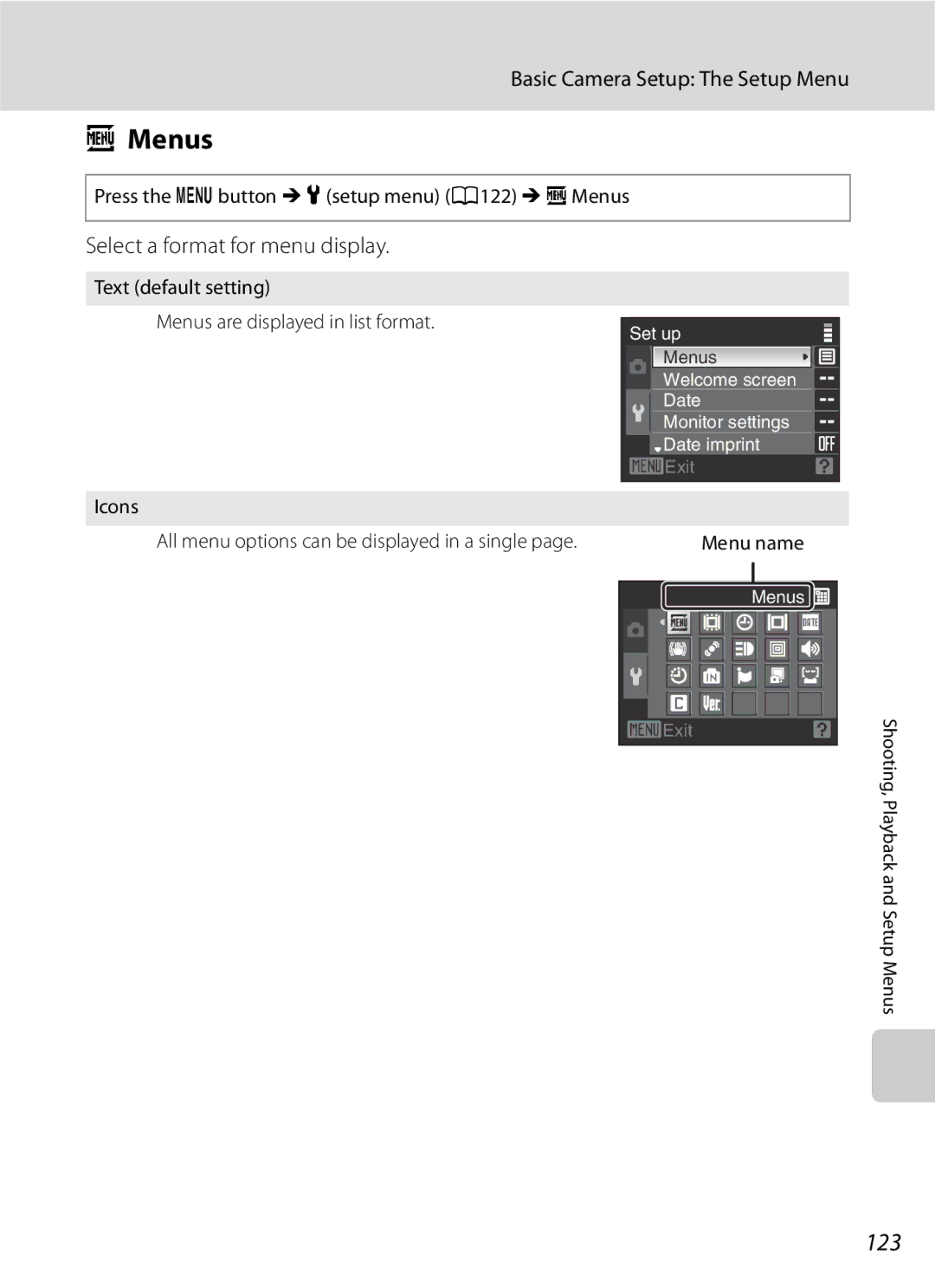 Optimus COOLPIXS630BK, COOLPIXS630RED user manual 123, Select a format for menu display, Menu name 