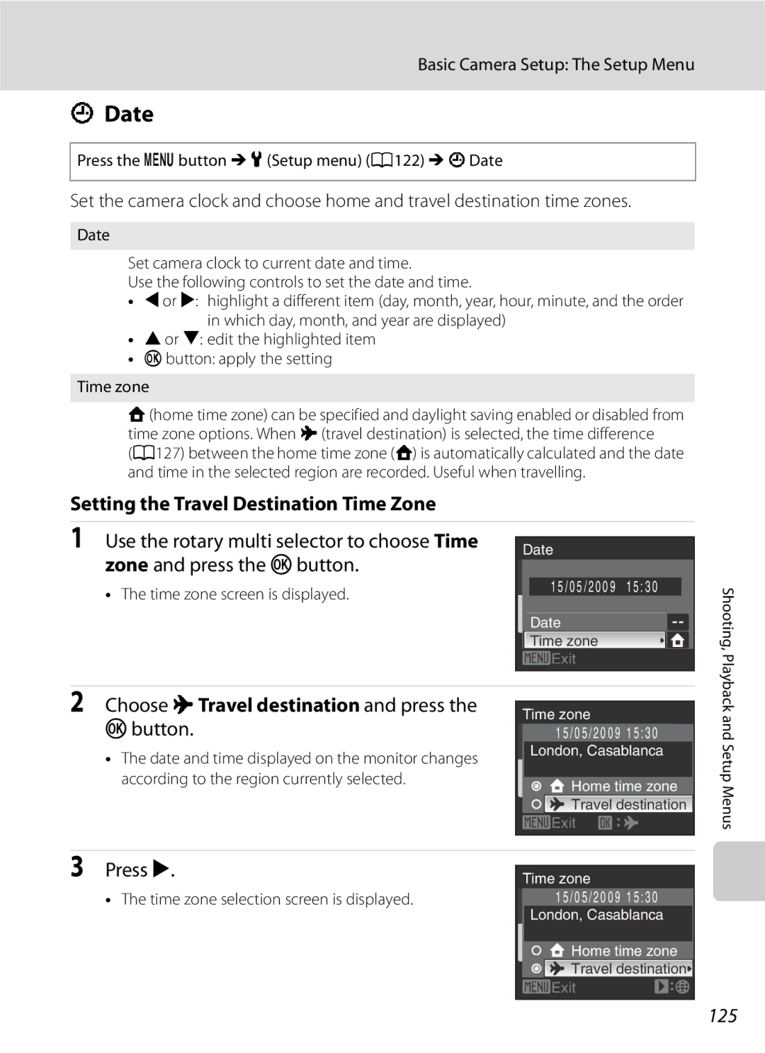 Optimus COOLPIXS630RED Date, Setting the Travel Destination Time Zone, Choose x Travel destination and press the kbutton 