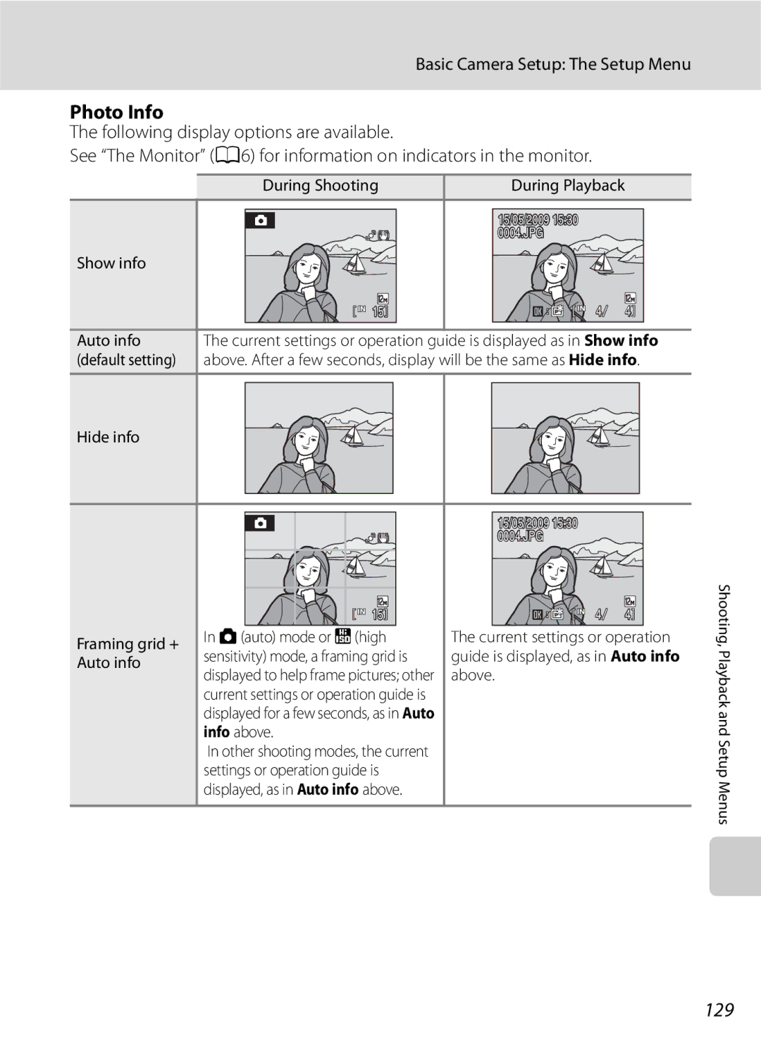 Optimus COOLPIXS630BK, COOLPIXS630RED user manual Photo Info, 129 