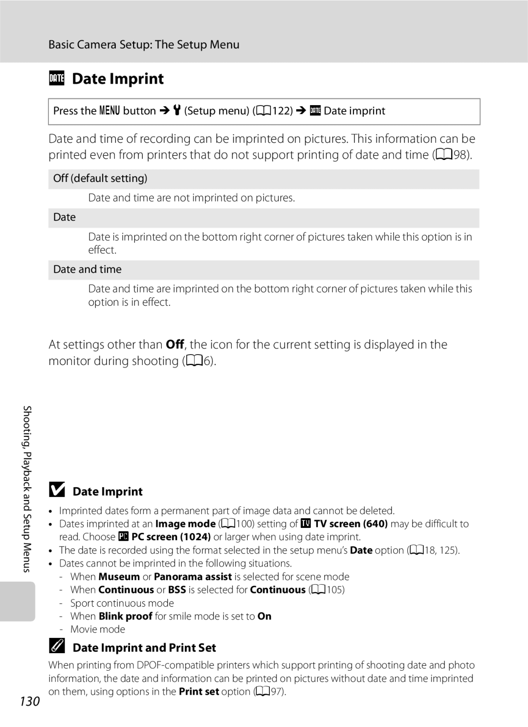 Optimus COOLPIXS630BK 130, Date Imprint and Print Set, Press the d button M z Setup menu A122 M f Date imprint 