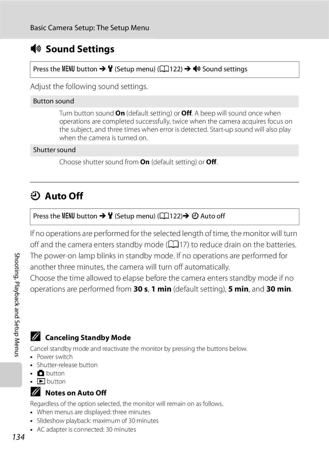 Optimus COOLPIXS630RED Sound Settings, Auto Off, 134, Adjust the following sound settings, Canceling Standby Mode 