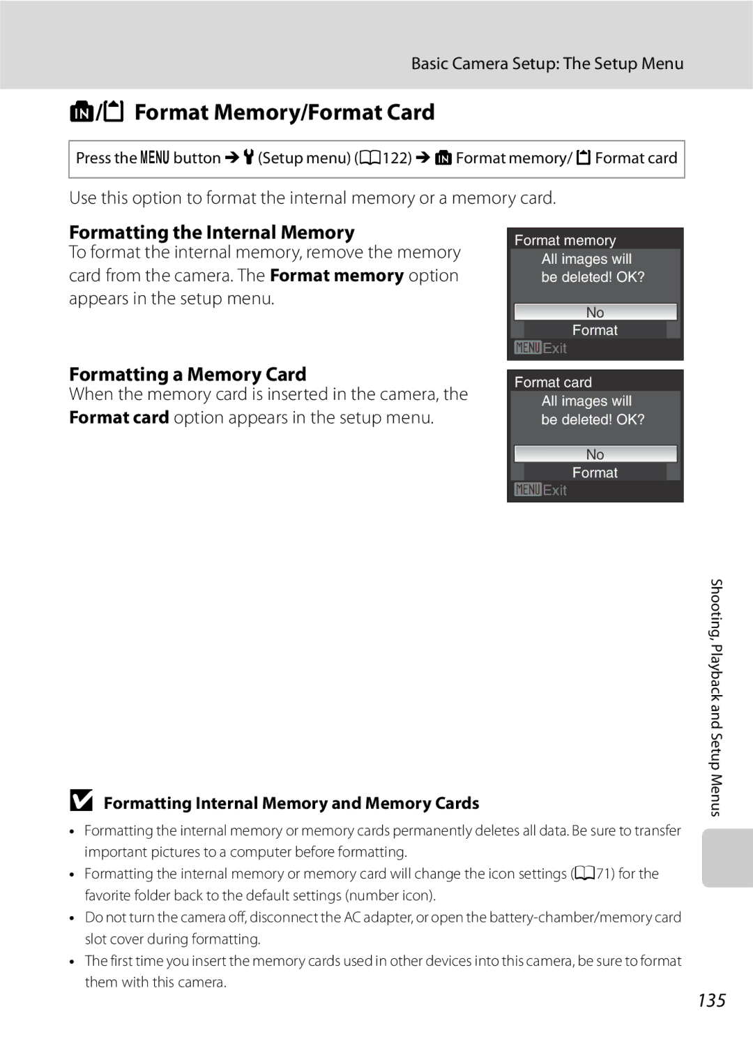 Optimus COOLPIXS630BK Format Memory/Format Card, Formatting the Internal Memory, Formatting a Memory Card, 135 