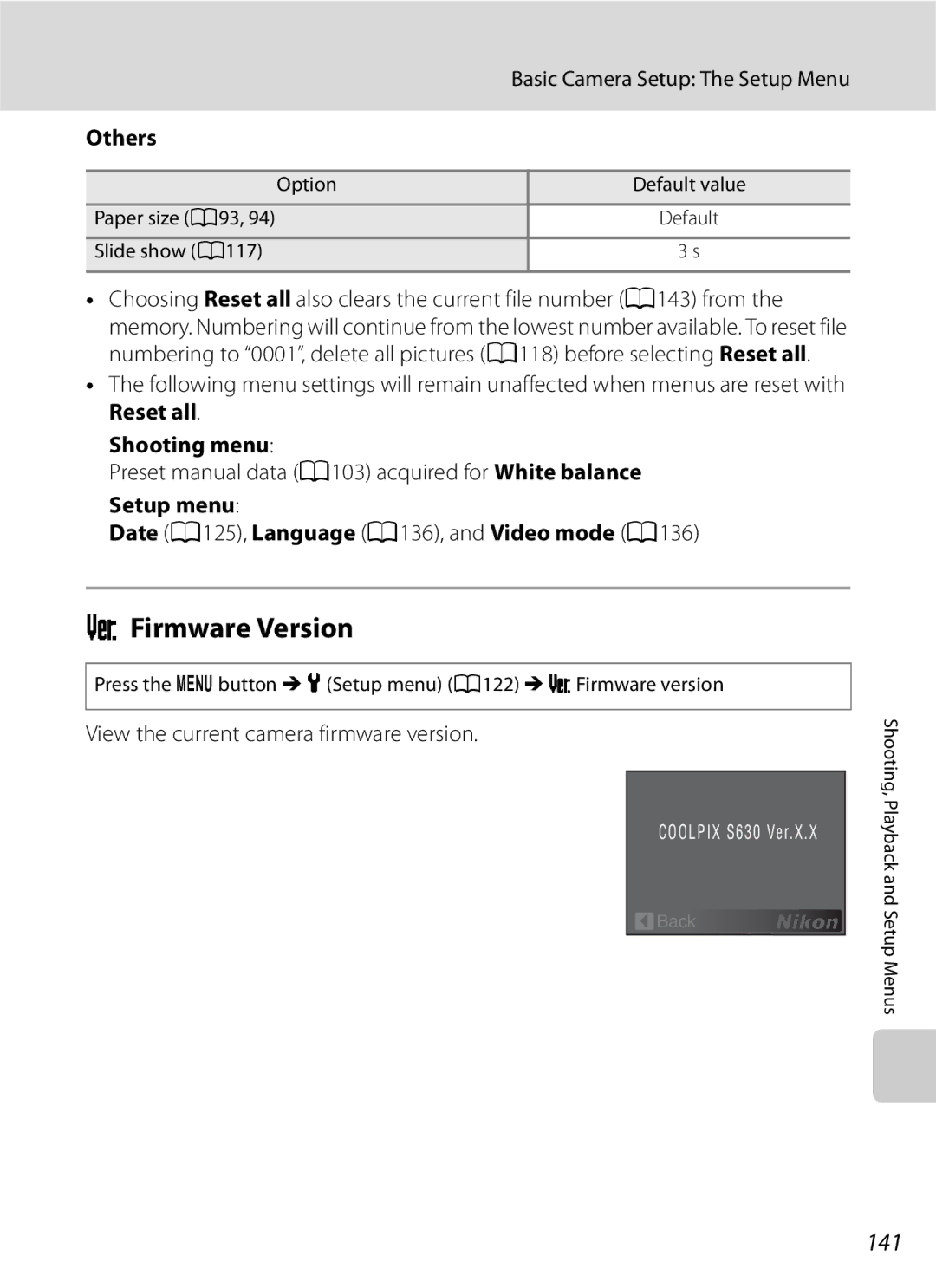 Optimus COOLPIXS630BK Firmware Version, 141, Others, Setup menu Date A125, Language A136, and Video mode A136 