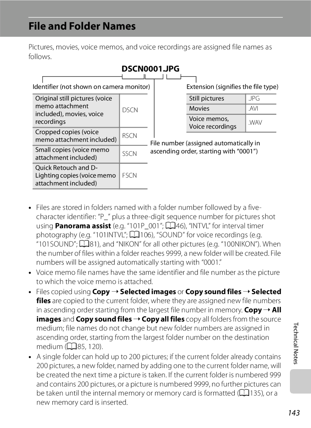 Optimus COOLPIXS630RED, COOLPIXS630BK user manual File and Folder Names, 143 