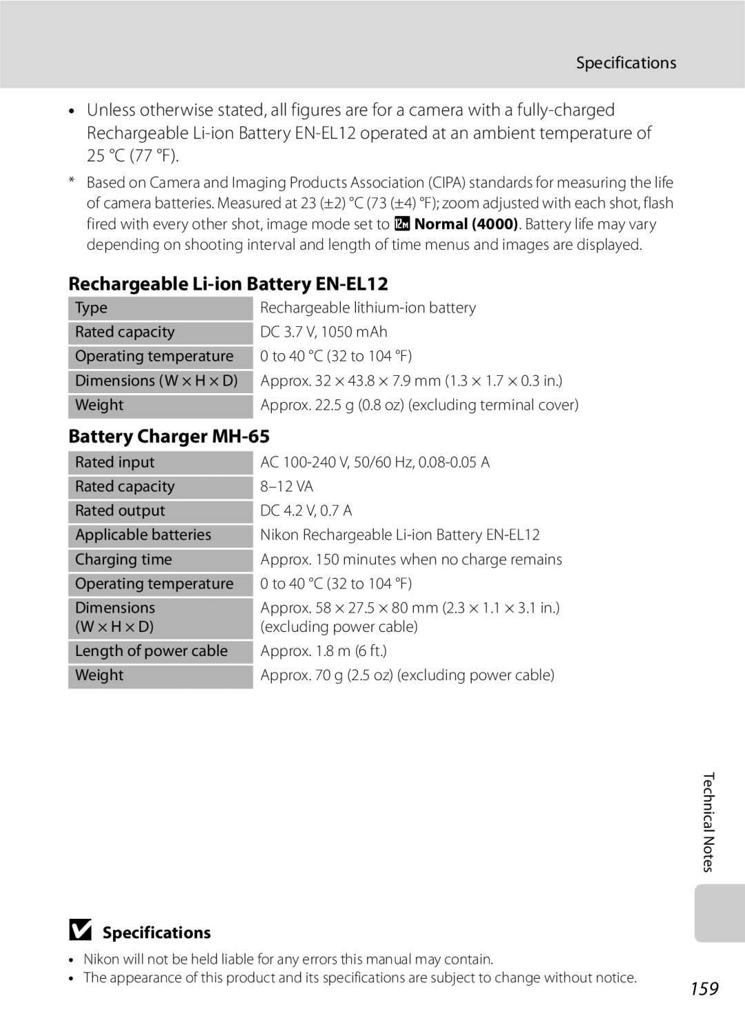 Optimus COOLPIXS630BK, COOLPIXS630RED Rechargeable Li-ion Battery EN-EL12, Battery Charger MH-65, 159, Specifications 