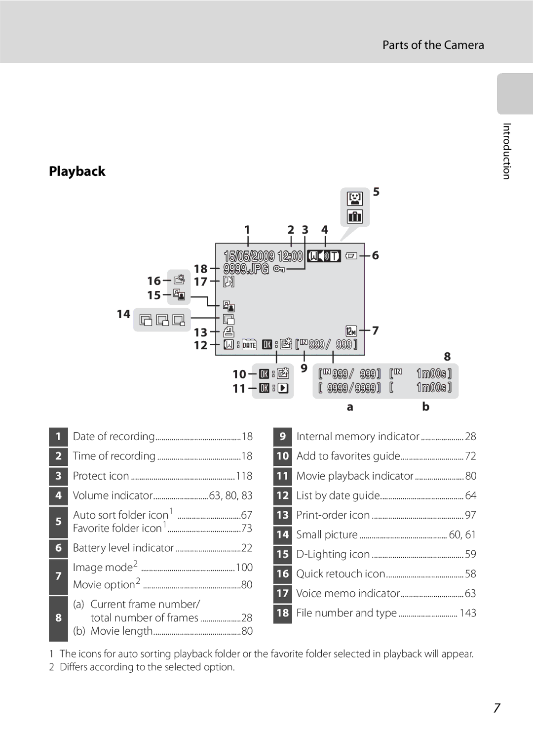 Optimus COOLPIXS630BK, COOLPIXS630RED Playback, 118, 143, Current frame number, Differs according to the selected option 