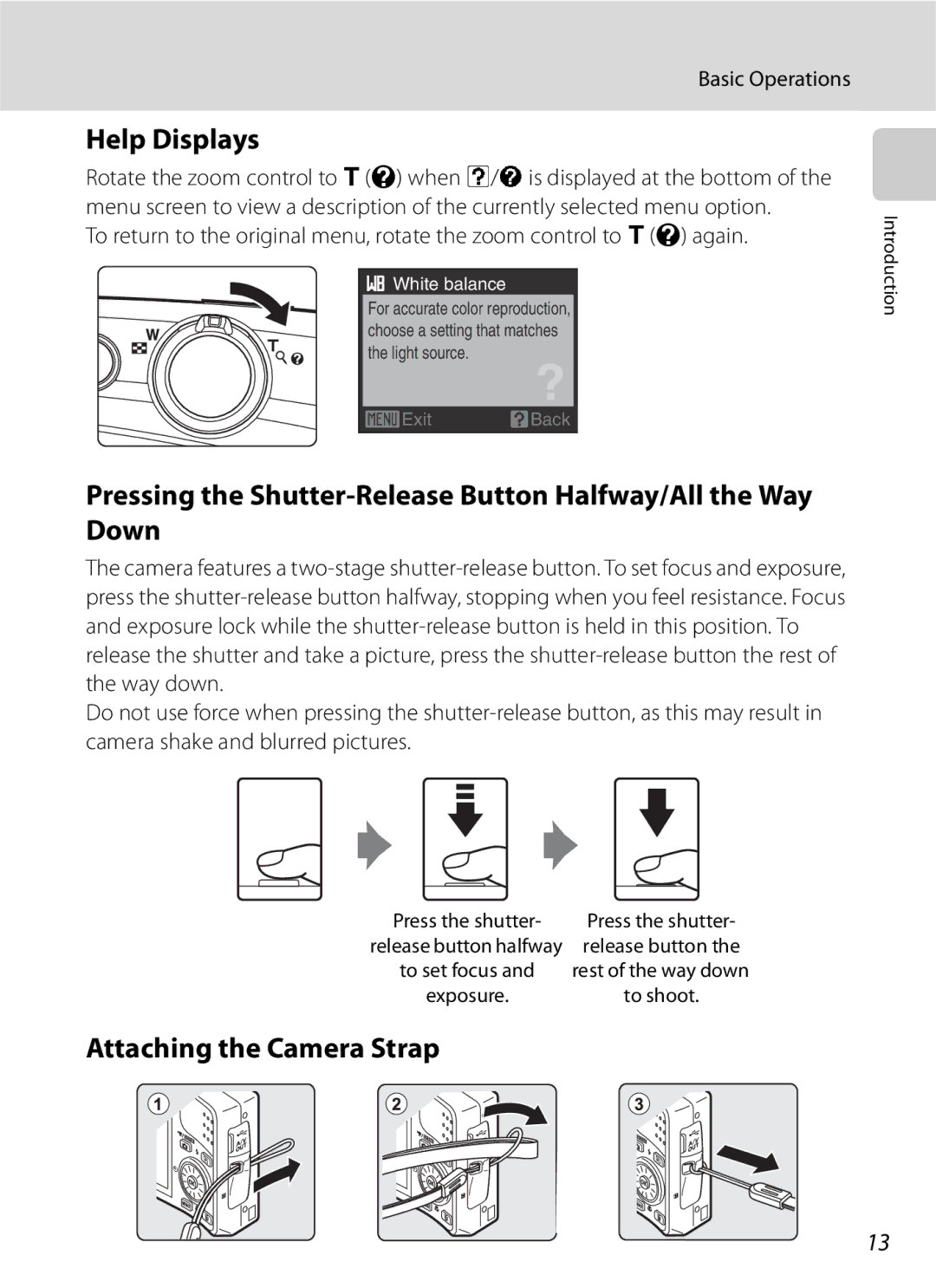 Optimus COOLPIXS630BK, COOLPIXS630RED Help Displays, Attaching the Camera Strap, Release button, Exposure To shoot 