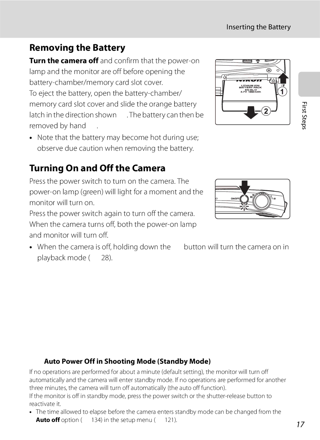 Optimus COOLPIXS630RED, COOLPIXS630BK user manual Removing the Battery, Turning On and Off the Camera, Inserting the Battery 