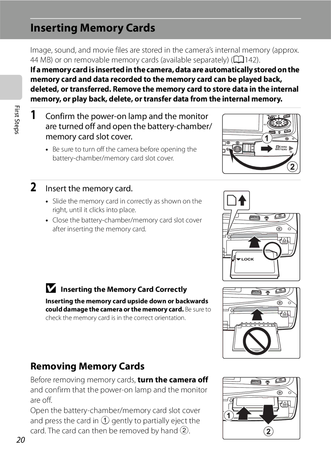 Optimus COOLPIXS630RED, COOLPIXS630BK Inserting Memory Cards, Removing Memory Cards, Insert the memory card, Are off 