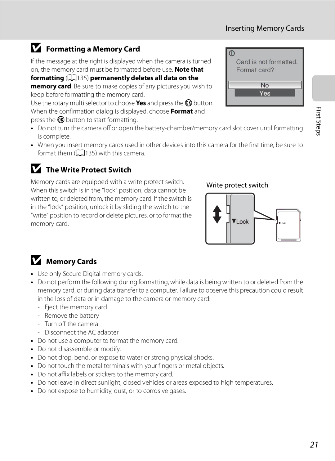 Optimus COOLPIXS630BK, COOLPIXS630RED user manual Formatting a Memory Card, Write Protect Switch 