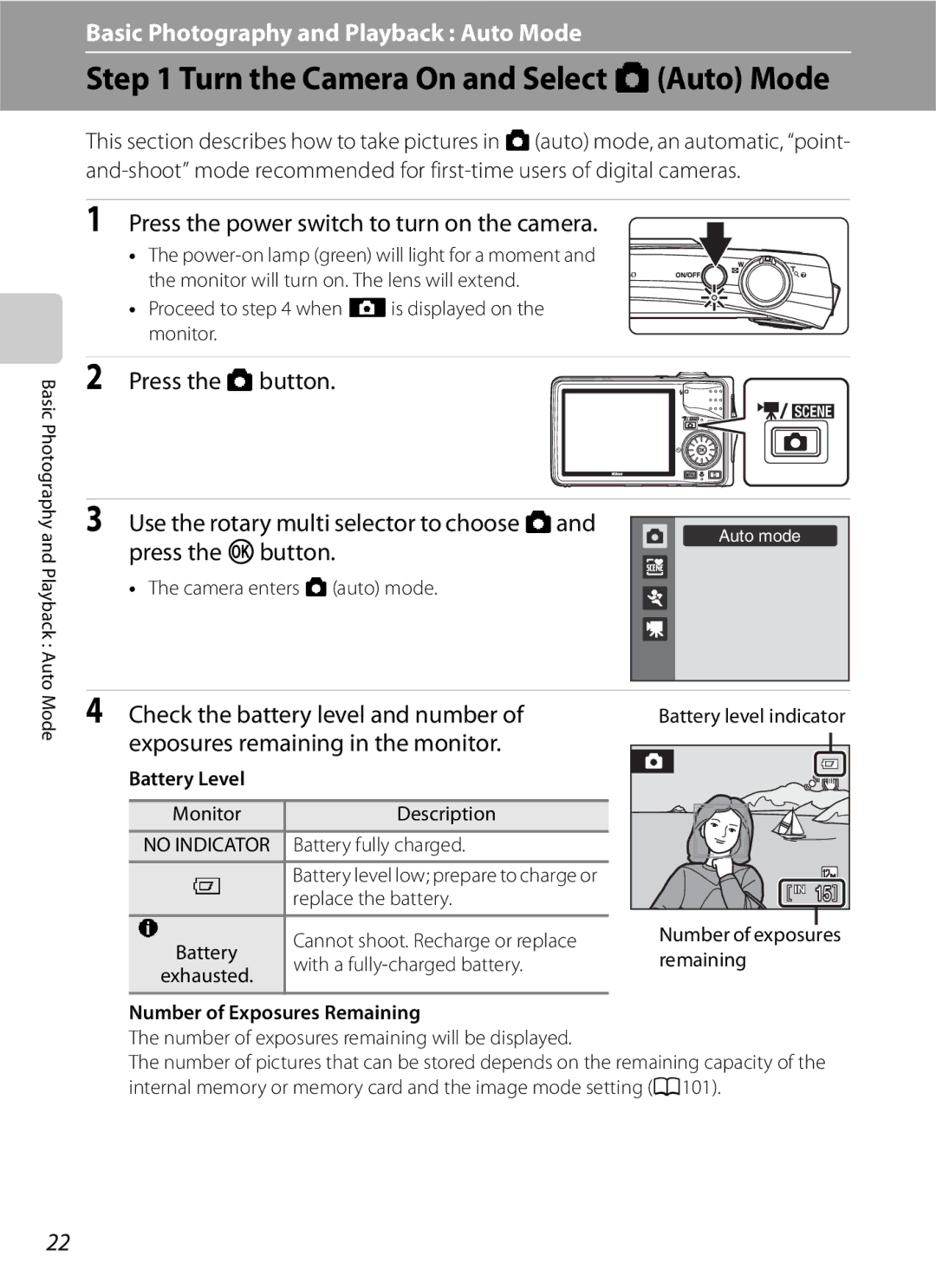 Optimus COOLPIXS630BK, COOLPIXS630RED user manual Turn the Camera On and Select AAuto Mode, Press the kbutton 