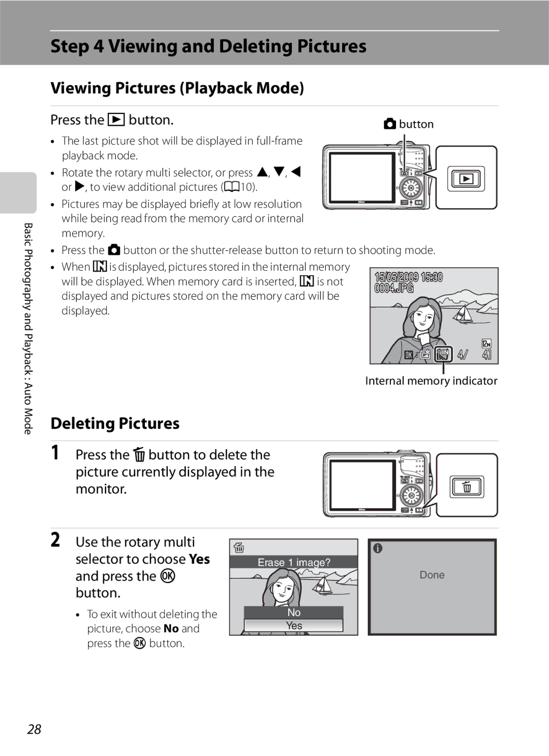 Optimus COOLPIXS630BK user manual Viewing and Deleting Pictures, Viewing Pictures Playback Mode, Press the c button, Button 