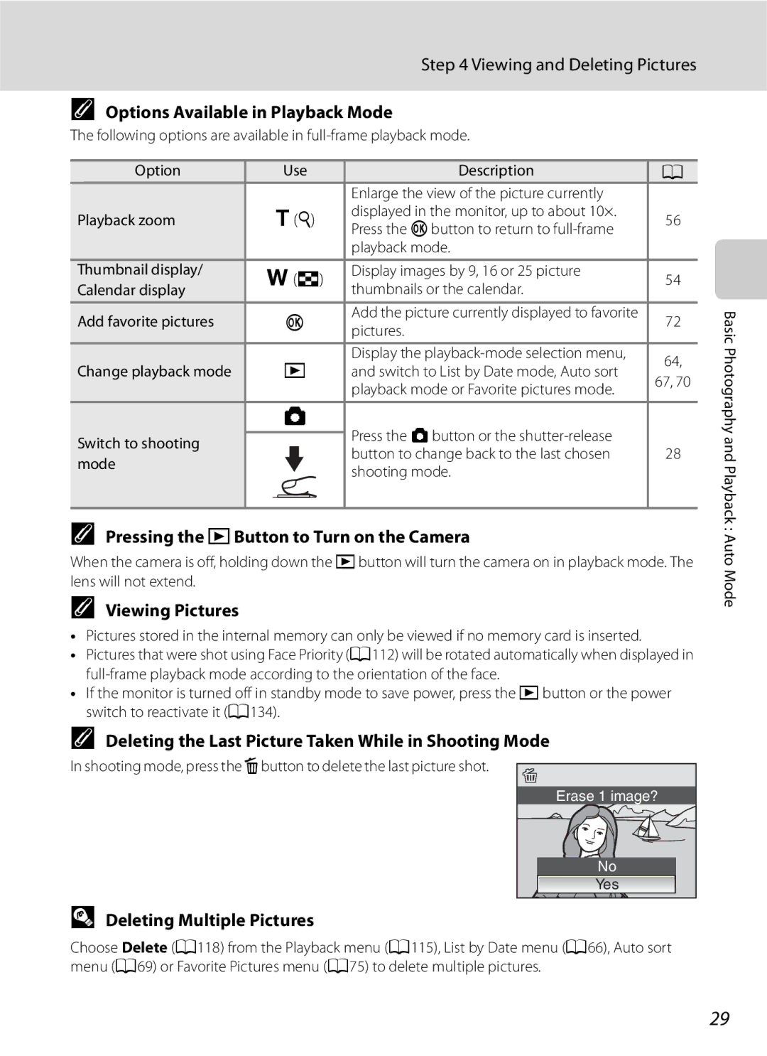 Optimus COOLPIXS630RED Options Available in Playback Mode, Pressing the cButton to Turn on the Camera, Viewing Pictures 