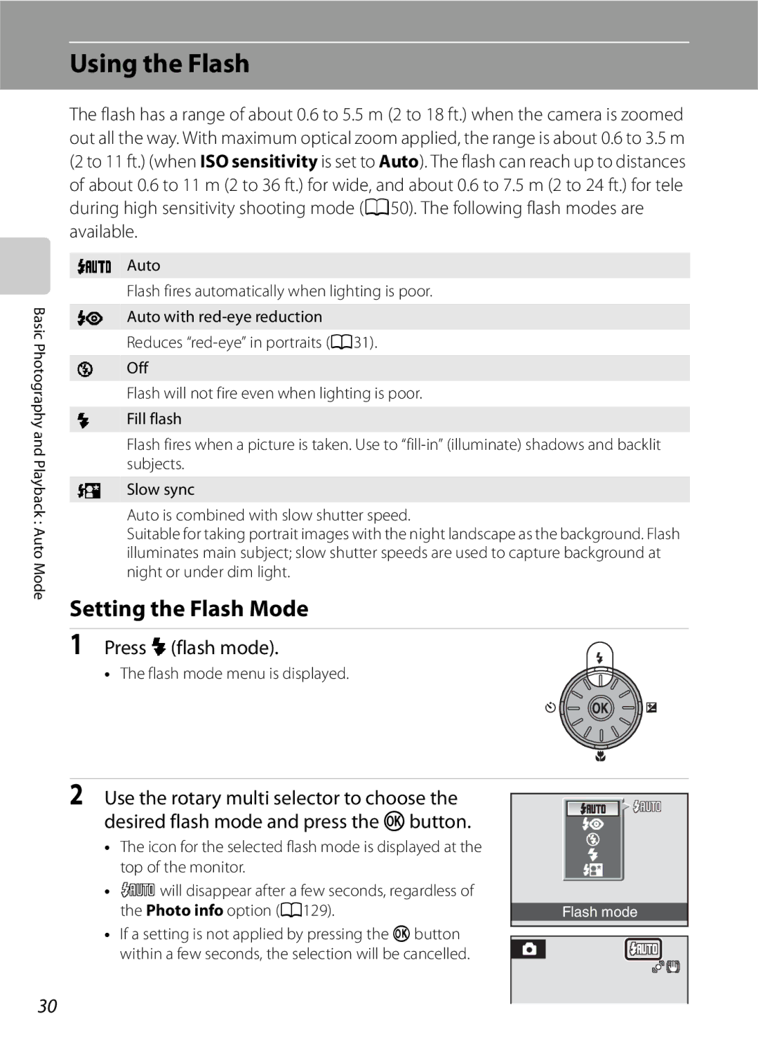 Optimus COOLPIXS630BK Using the Flash, Setting the Flash Mode, Press Xflash mode, Flash mode menu is displayed 