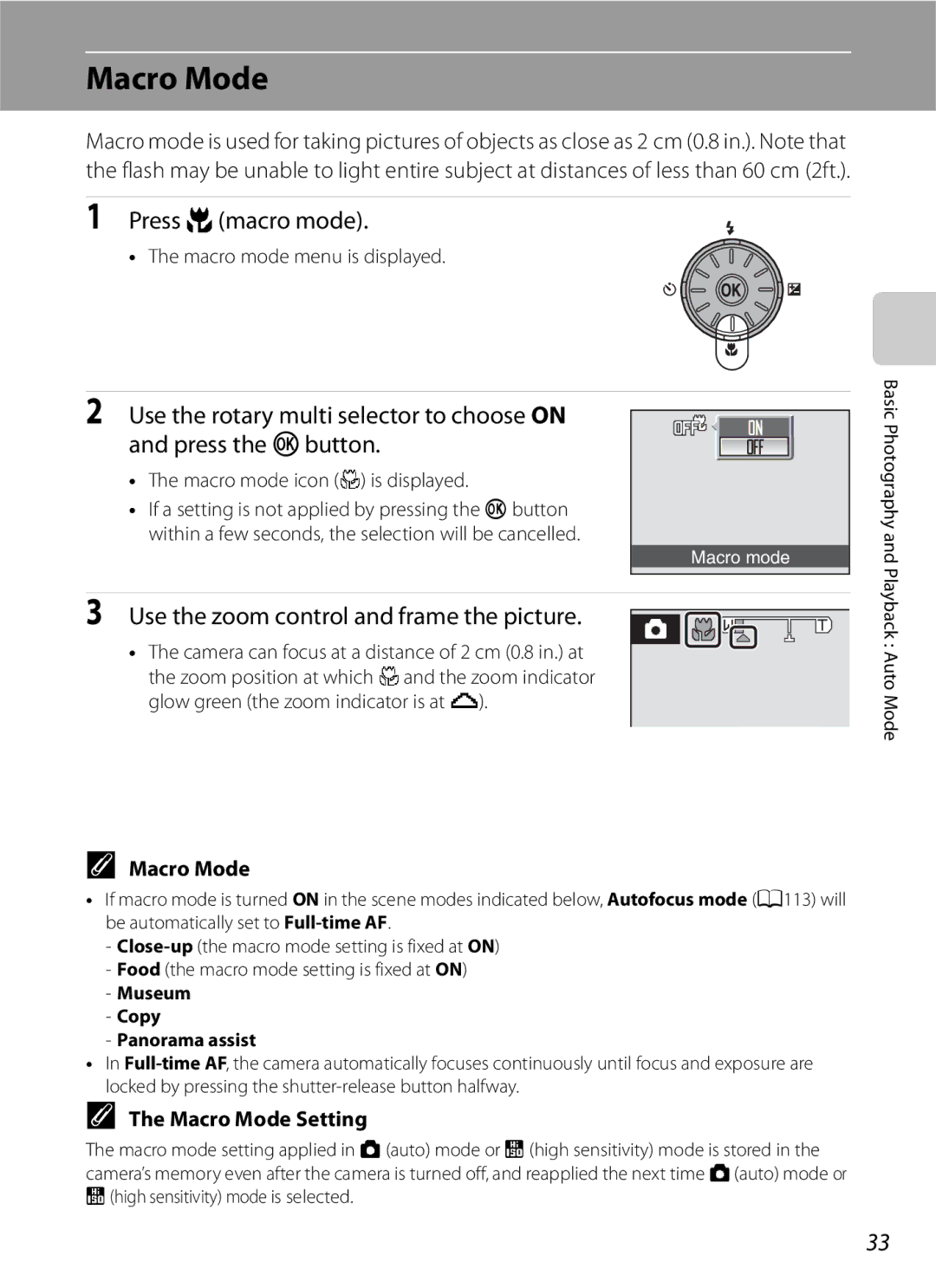 Optimus COOLPIXS630BK user manual Press p macro mode, Use the zoom control and frame the picture, Macro Mode Setting 