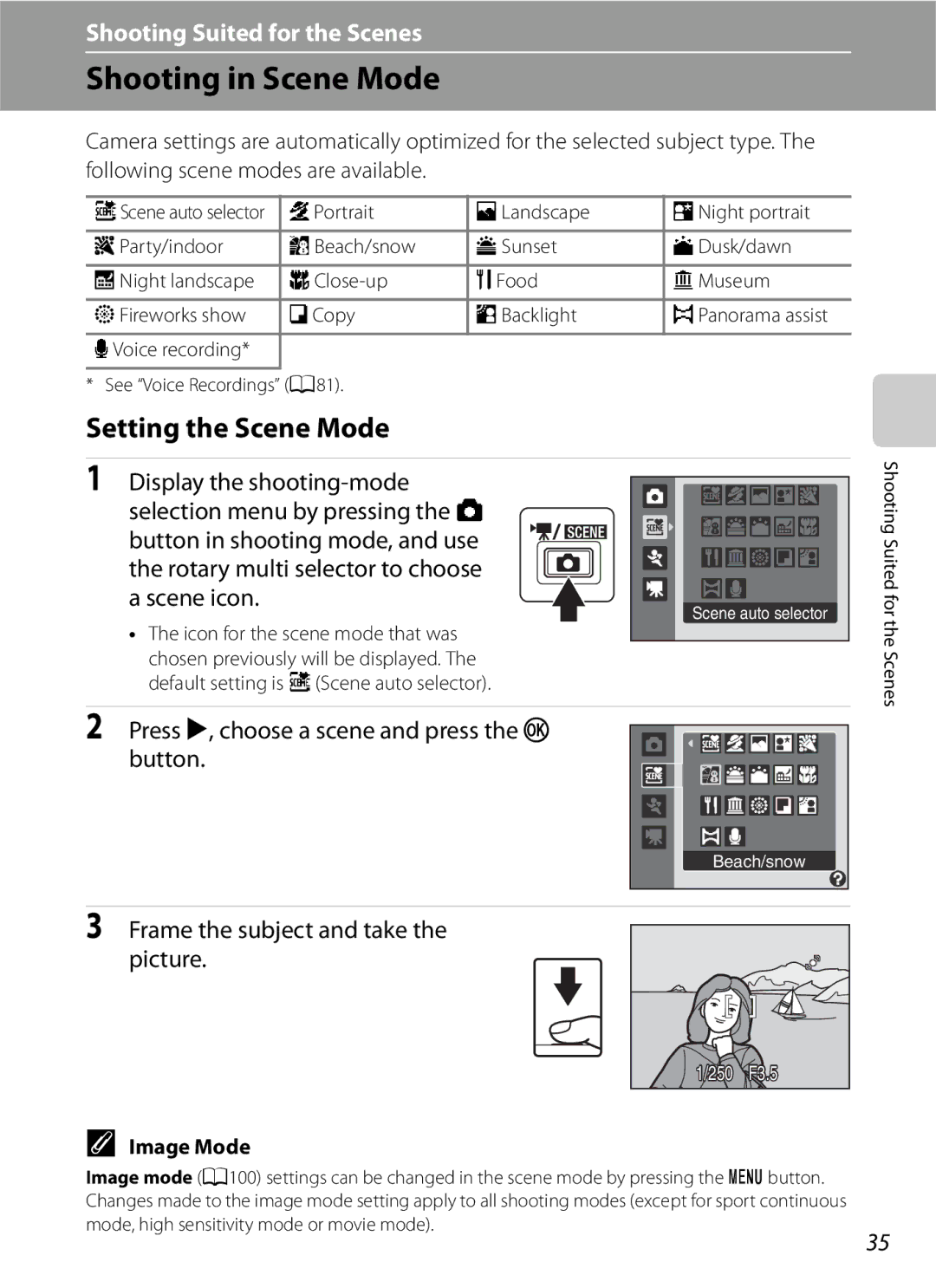 Optimus COOLPIXS630RED Shooting in Scene Mode, Setting the Scene Mode, Press K, choose a scene and press the k button 