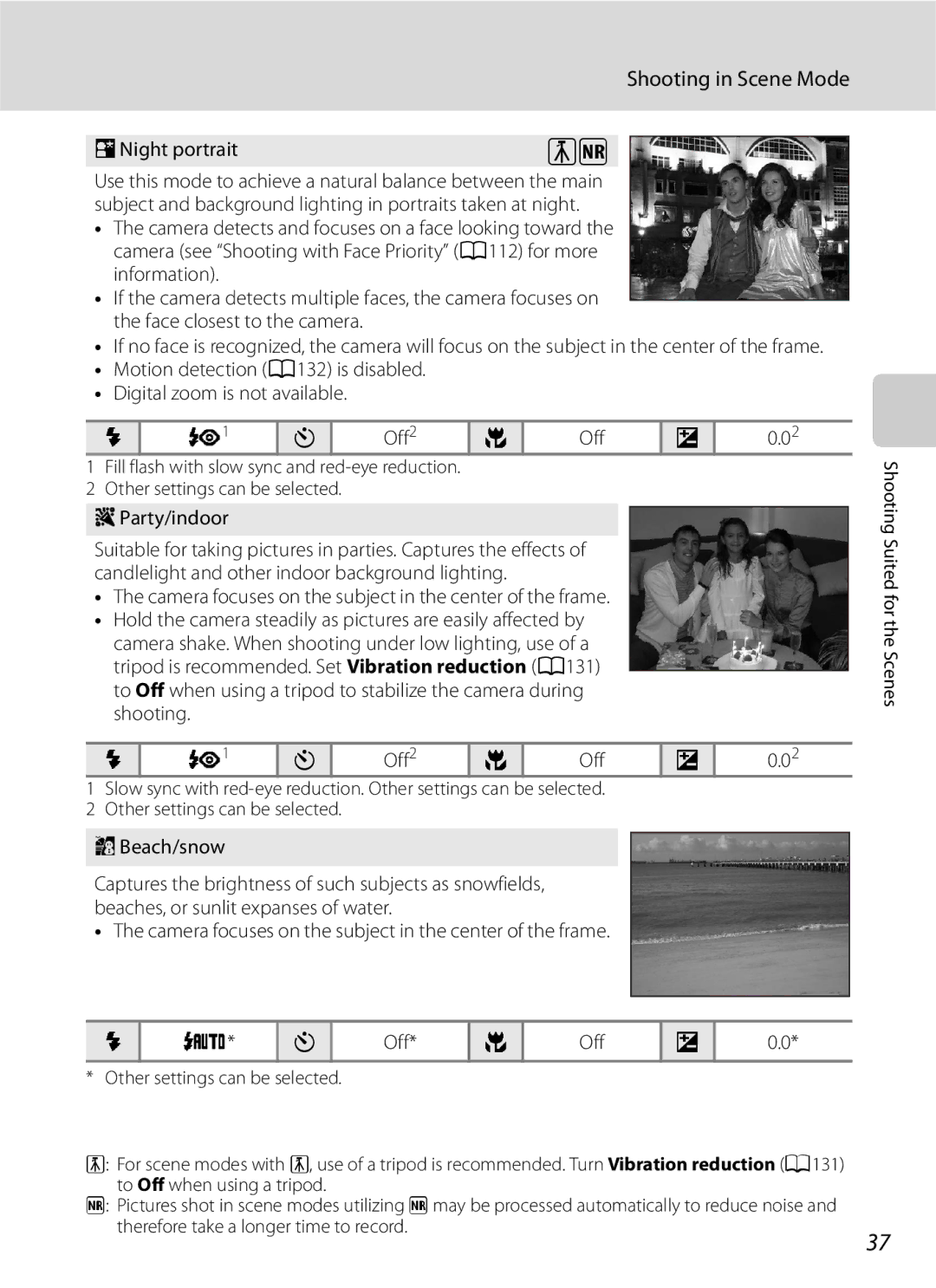 Optimus COOLPIXS630BK user manual Party/indoor, Beach/snow, Camera focuses on the subject in the center of the frame, Off 