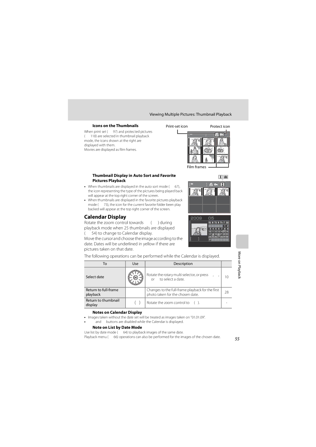 Optimus COOLPIXS630BK user manual Calendar Display, Viewing Multiple Pictures Thumbnail Playback, Icons on the Thumbnails 