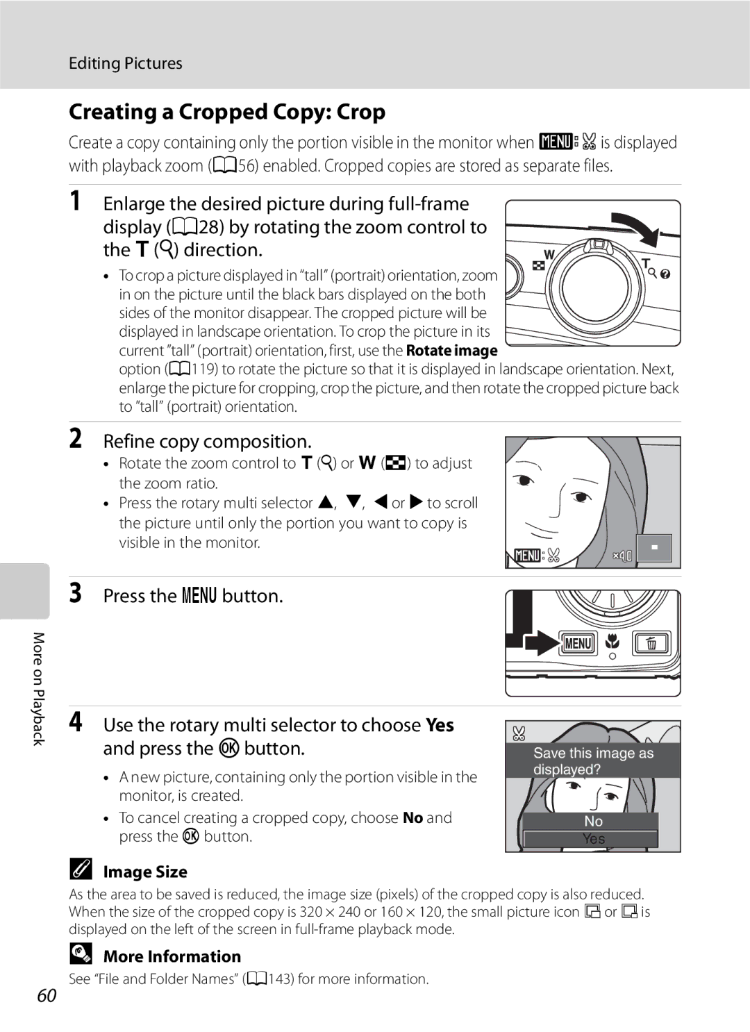 Optimus COOLPIXS630BK, COOLPIXS630RED user manual Creating a Cropped Copy Crop, Refine copy composition, Image Size 