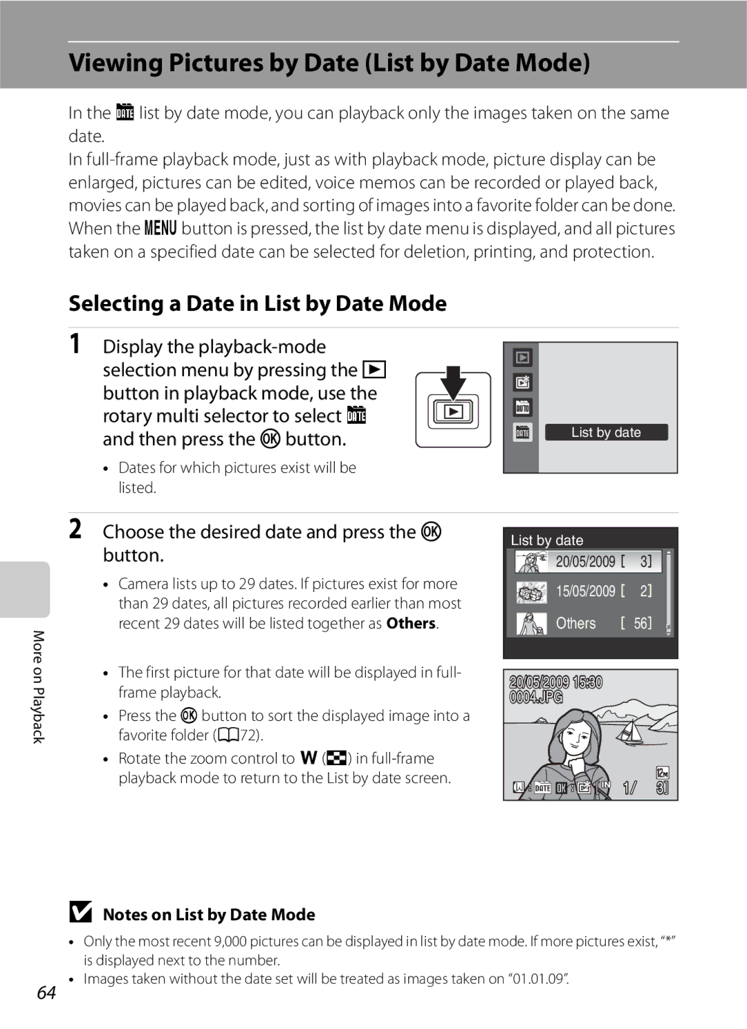 Optimus COOLPIXS630BK, COOLPIXS630RED Viewing Pictures by Date List by Date Mode, Selecting a Date in List by Date Mode 