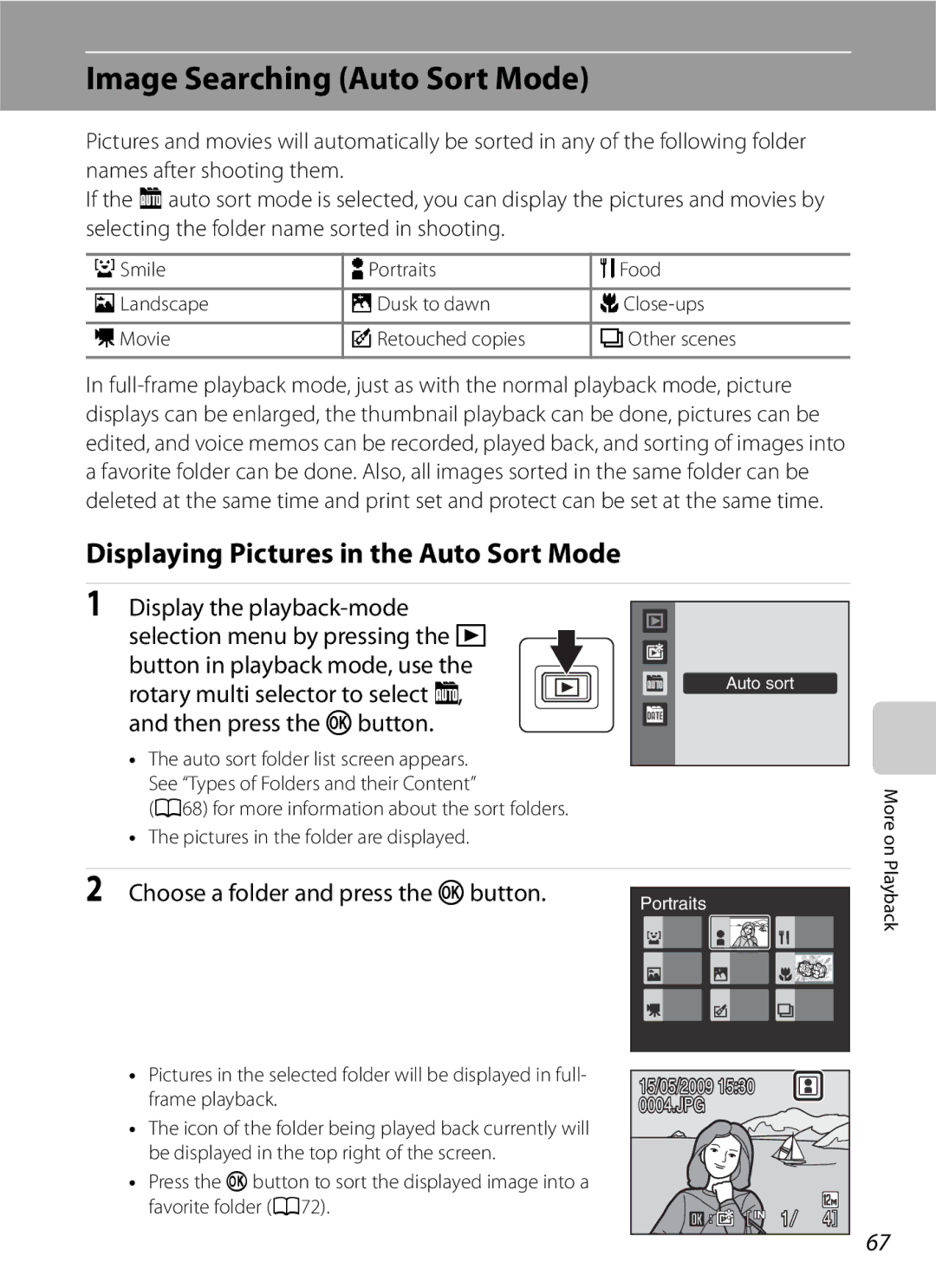 Optimus COOLPIXS630BK Image Searching Auto Sort Mode, Displaying Pictures in the Auto Sort Mode, Then press the kbutton 