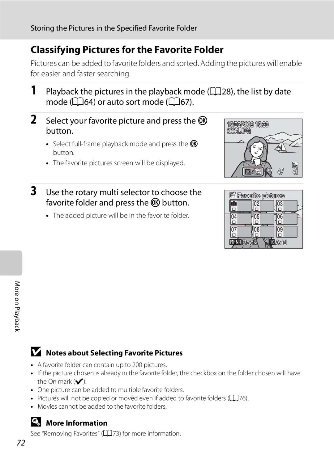 Optimus S630 user manual Classifying Pictures for the Favorite Folder, Button, Added picture will be in the favorite folder 